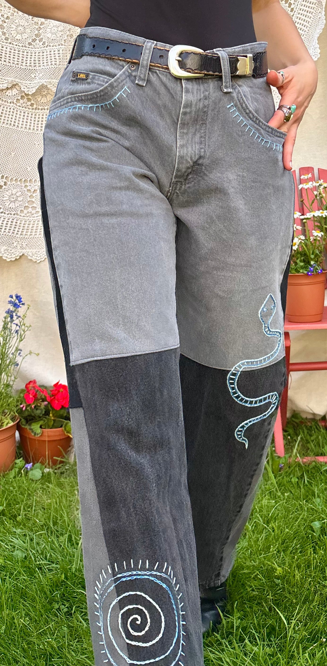 Embroidered Black/Grey Plain Jane Jeans