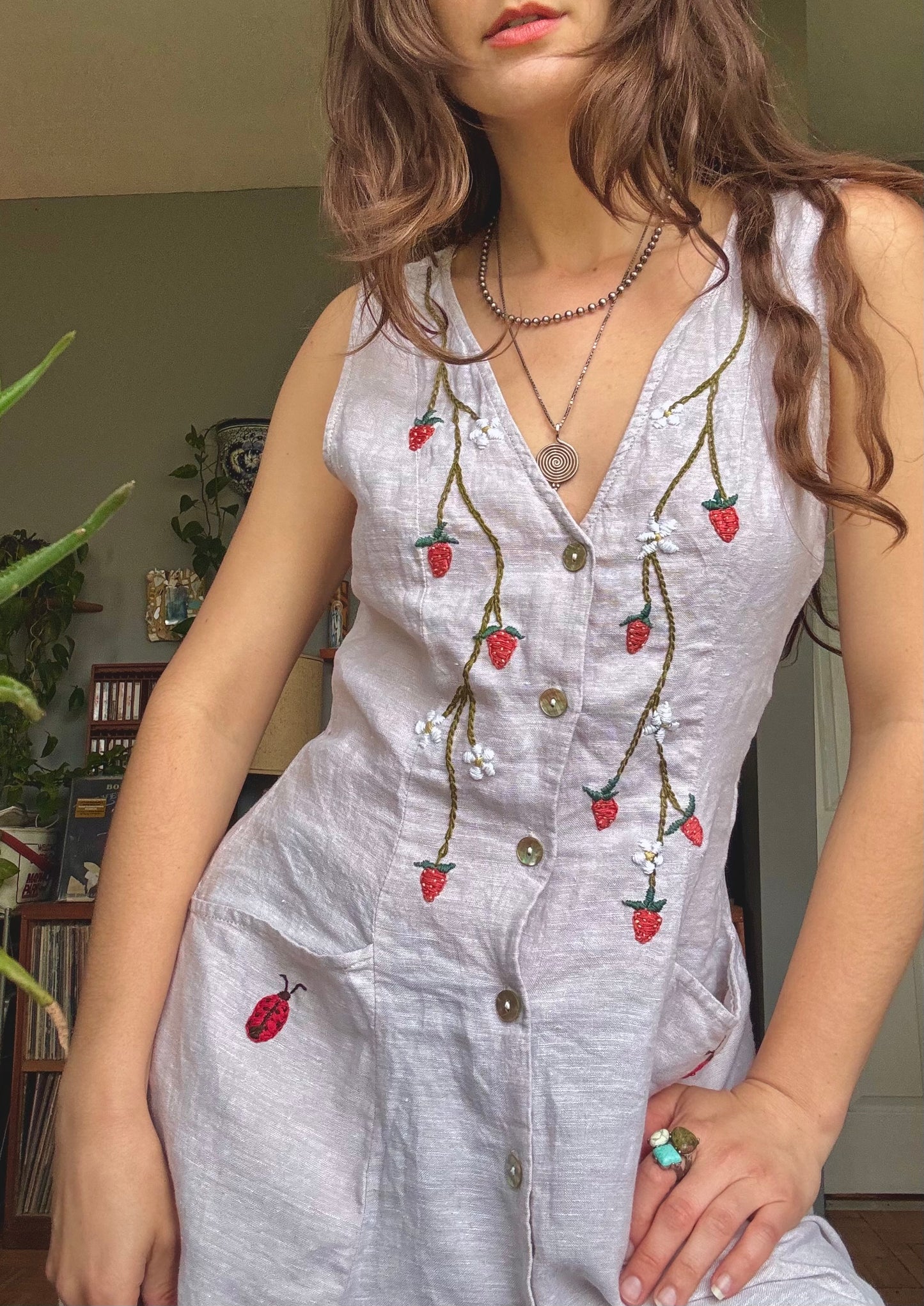 Strawberry Garden Embroidered Linen Dress