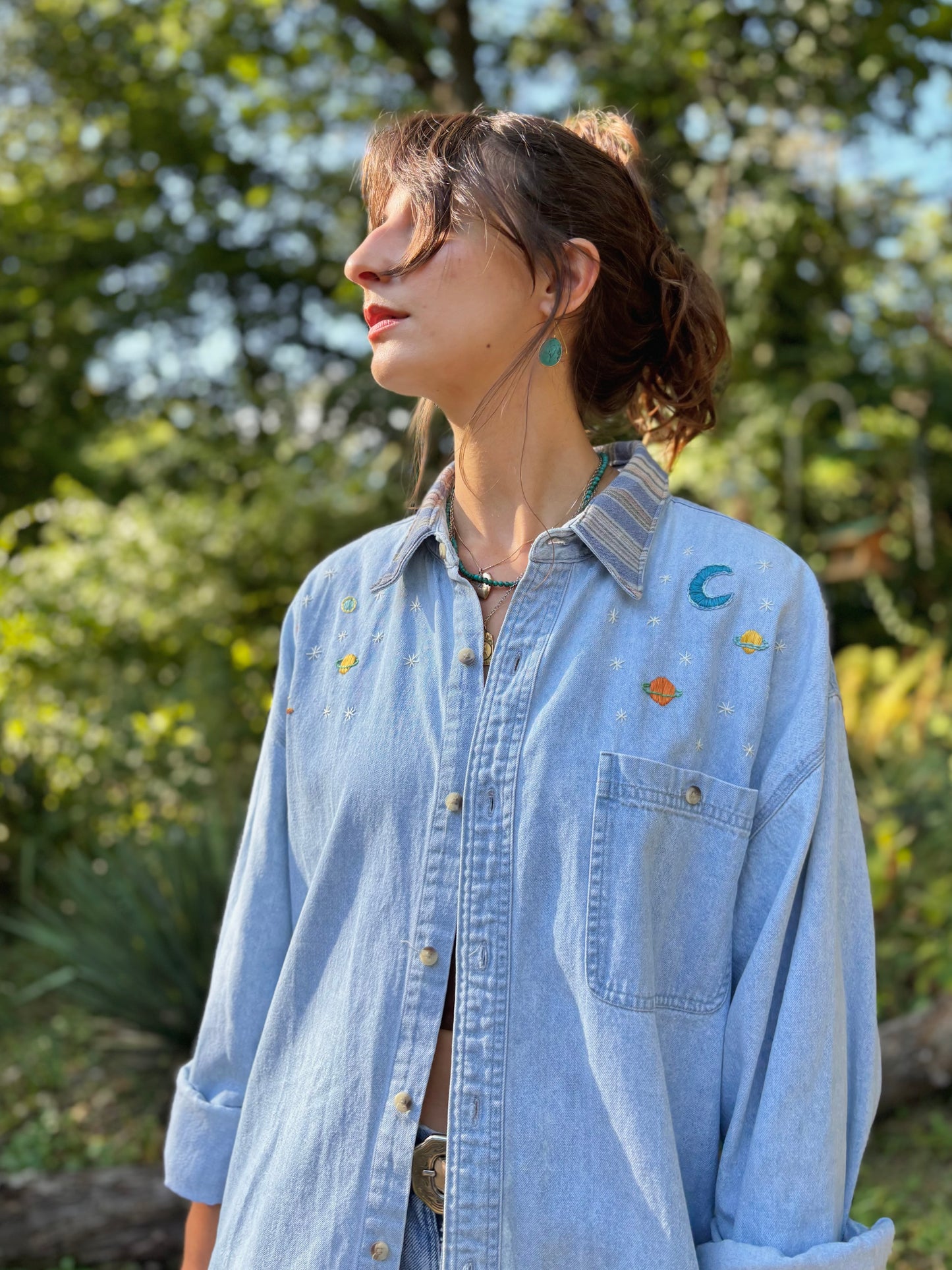 Hand Embroidered Celestial Denim Shirt 🪐