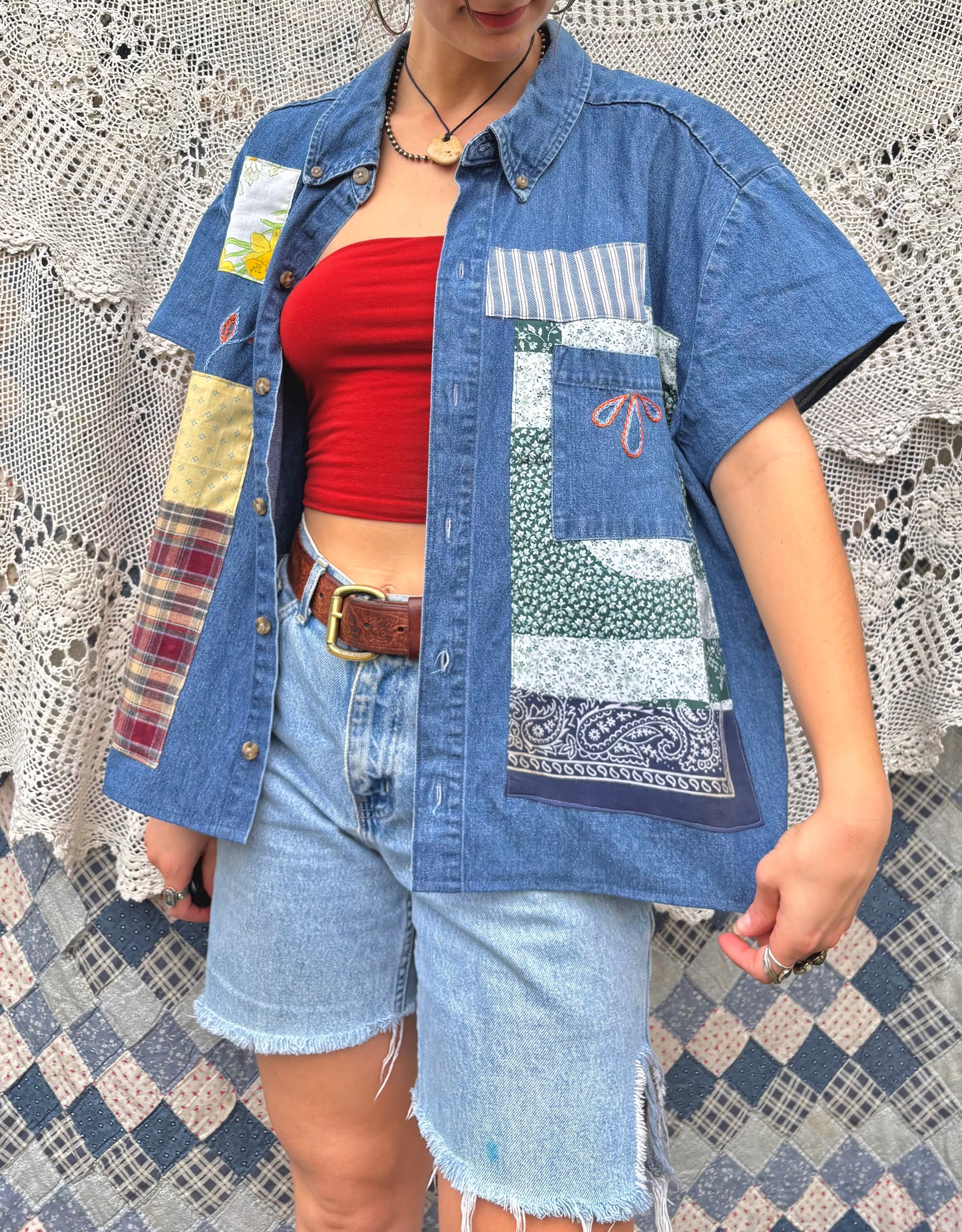 Patched & Embroidered Denim Button up