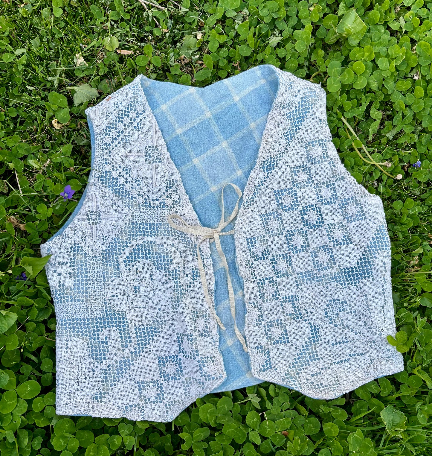 Crochet & Light Blue Plaid Vest