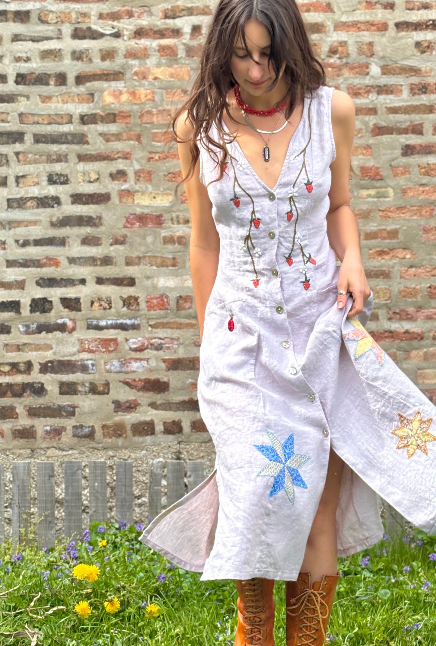 Strawberry Garden Embroidered Linen Dress