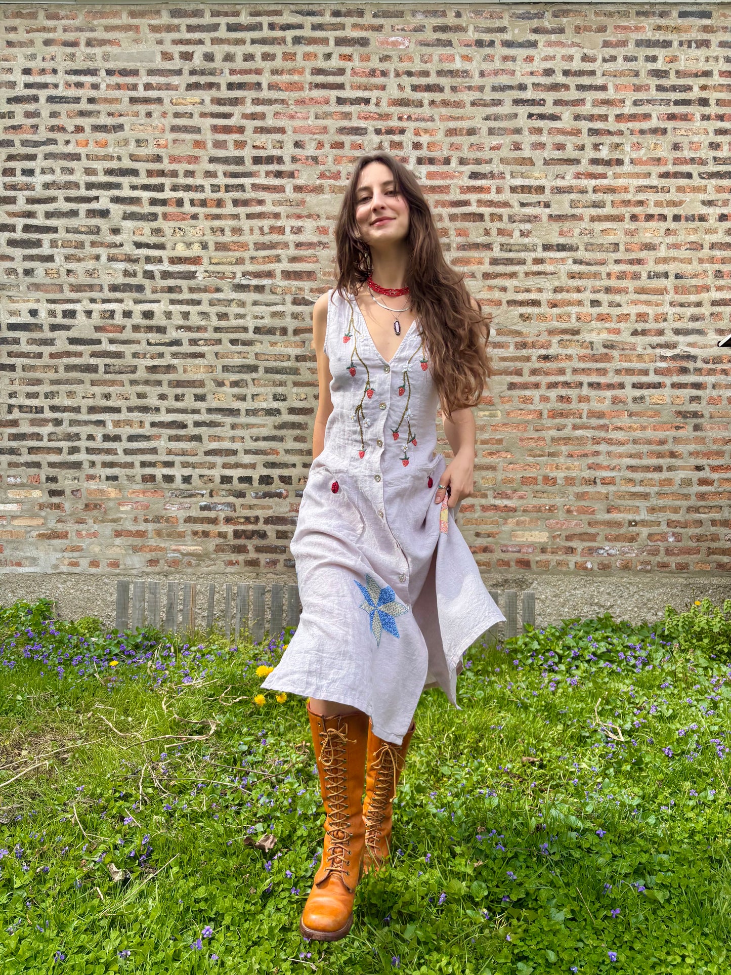 Strawberry Garden Embroidered Linen Dress