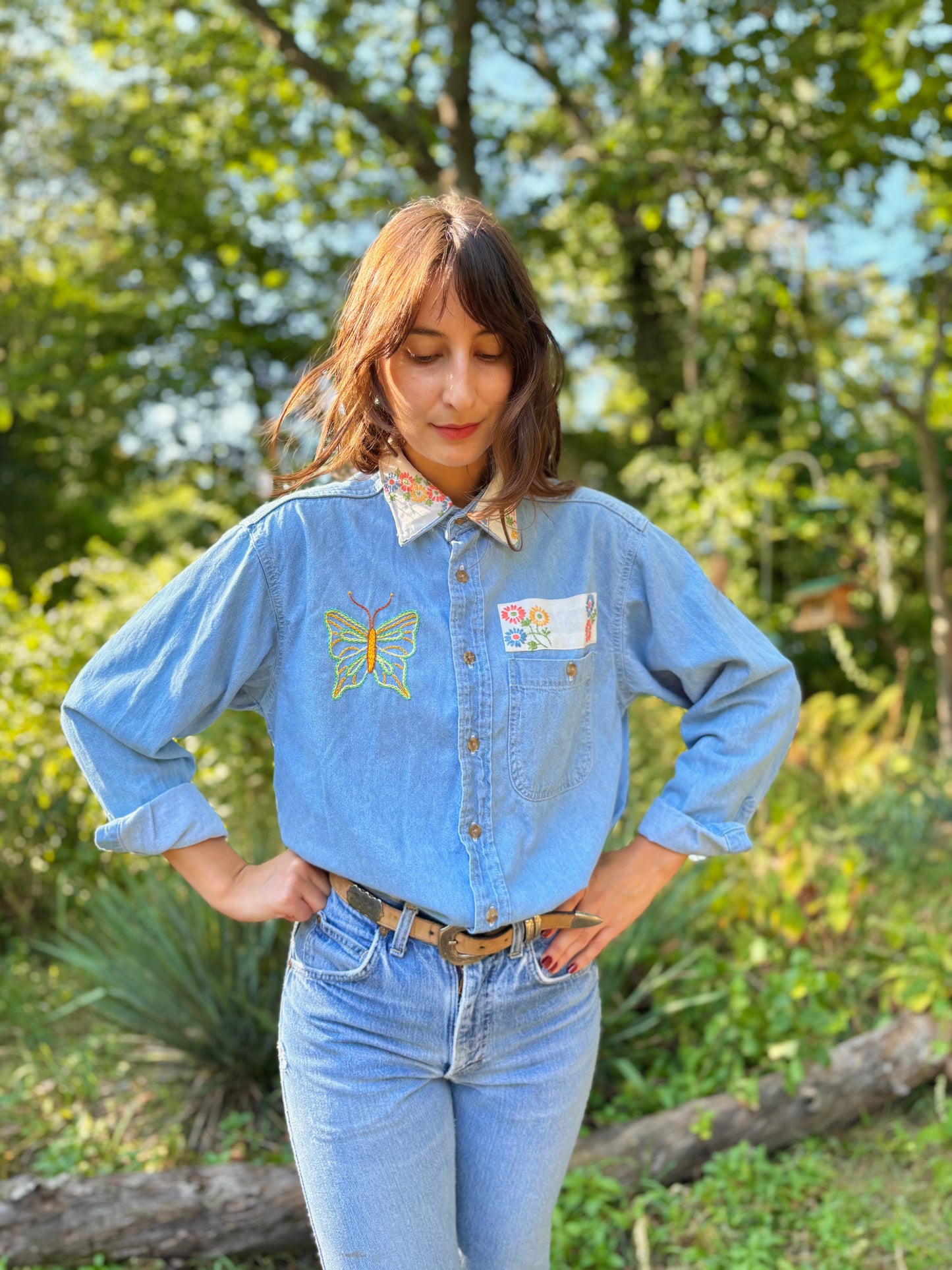 Hand Embroidered Butterfly Flower Denim Shirt