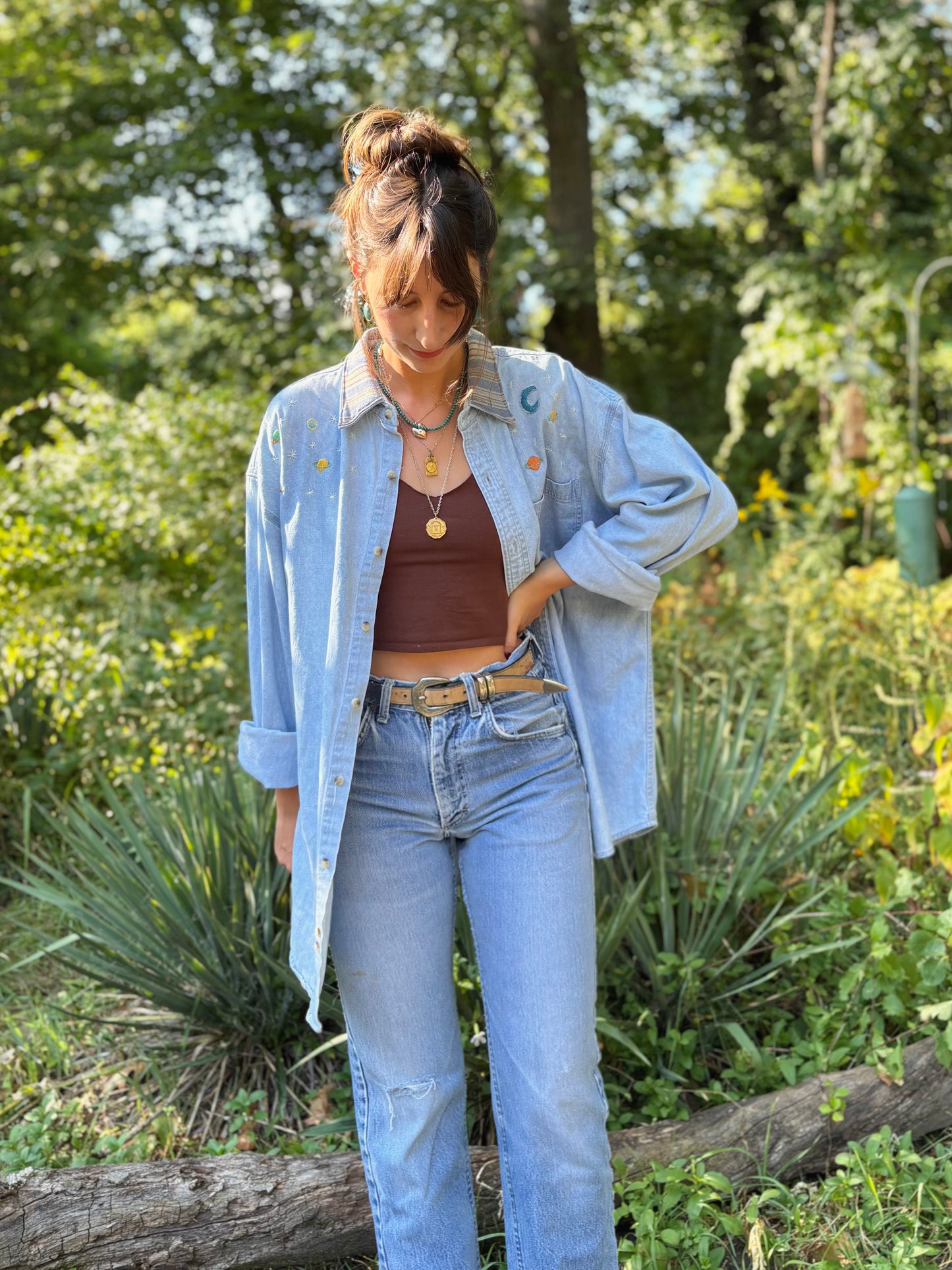 Hand Embroidered Celestial Denim Shirt 🪐