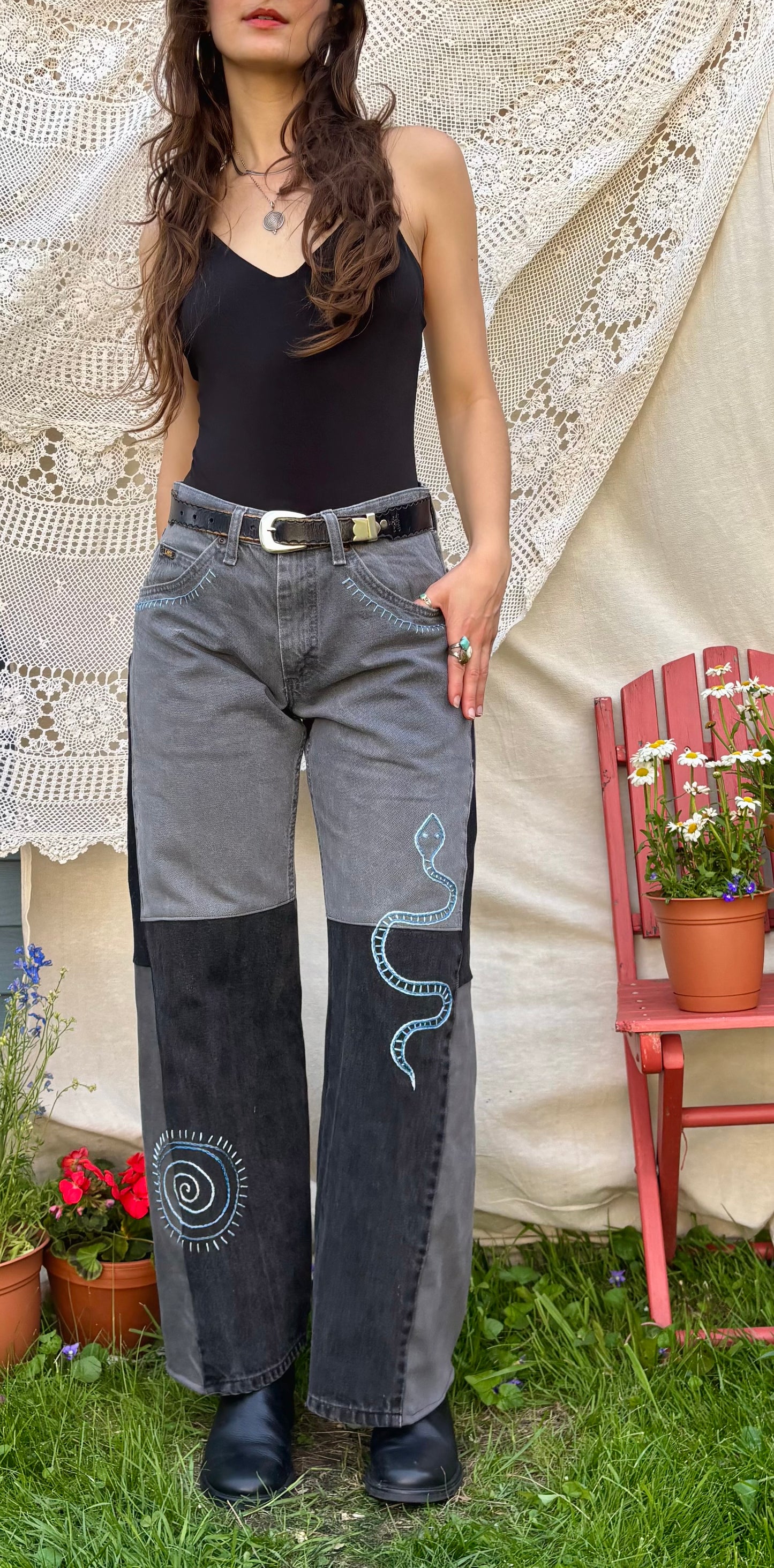 Embroidered Black/Grey Plain Jane Jeans