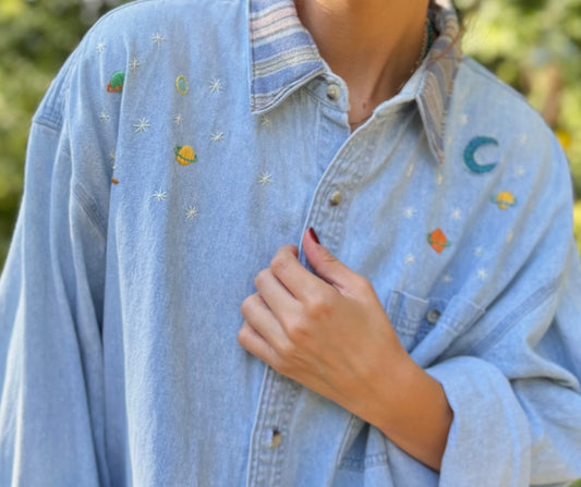 Hand Embroidered Celestial Denim Shirt 🪐