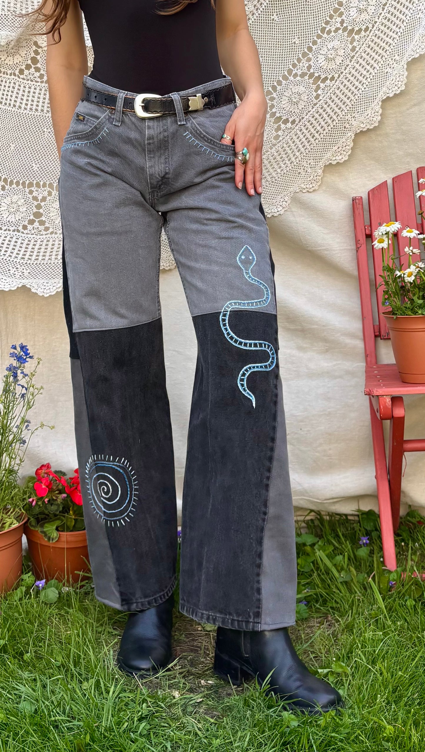 Embroidered Black/Grey Plain Jane Jeans