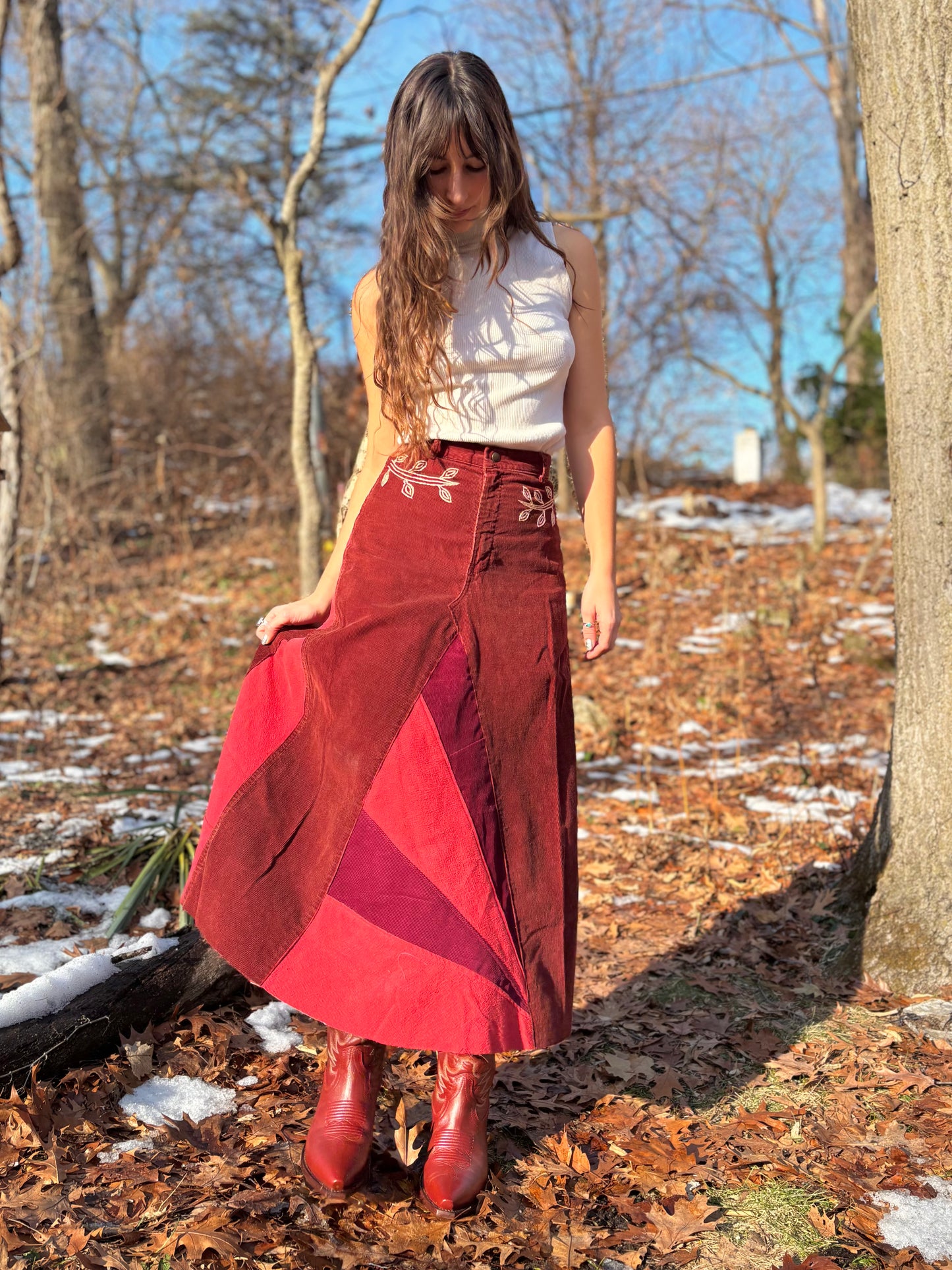 Sunbeam Embroidered Rust Corduroy Skirt