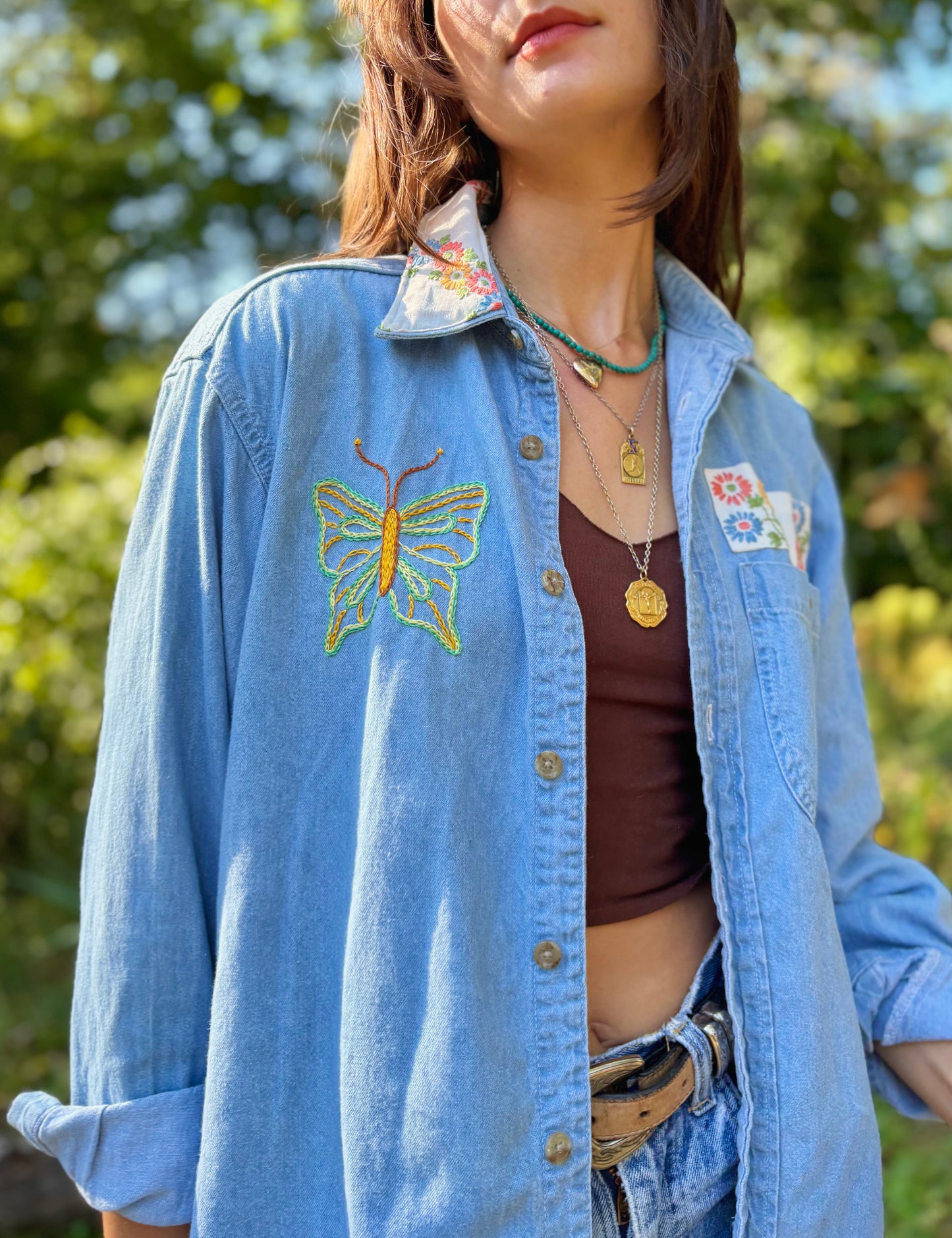 Hand Embroidered Butterfly Flower Denim Shirt