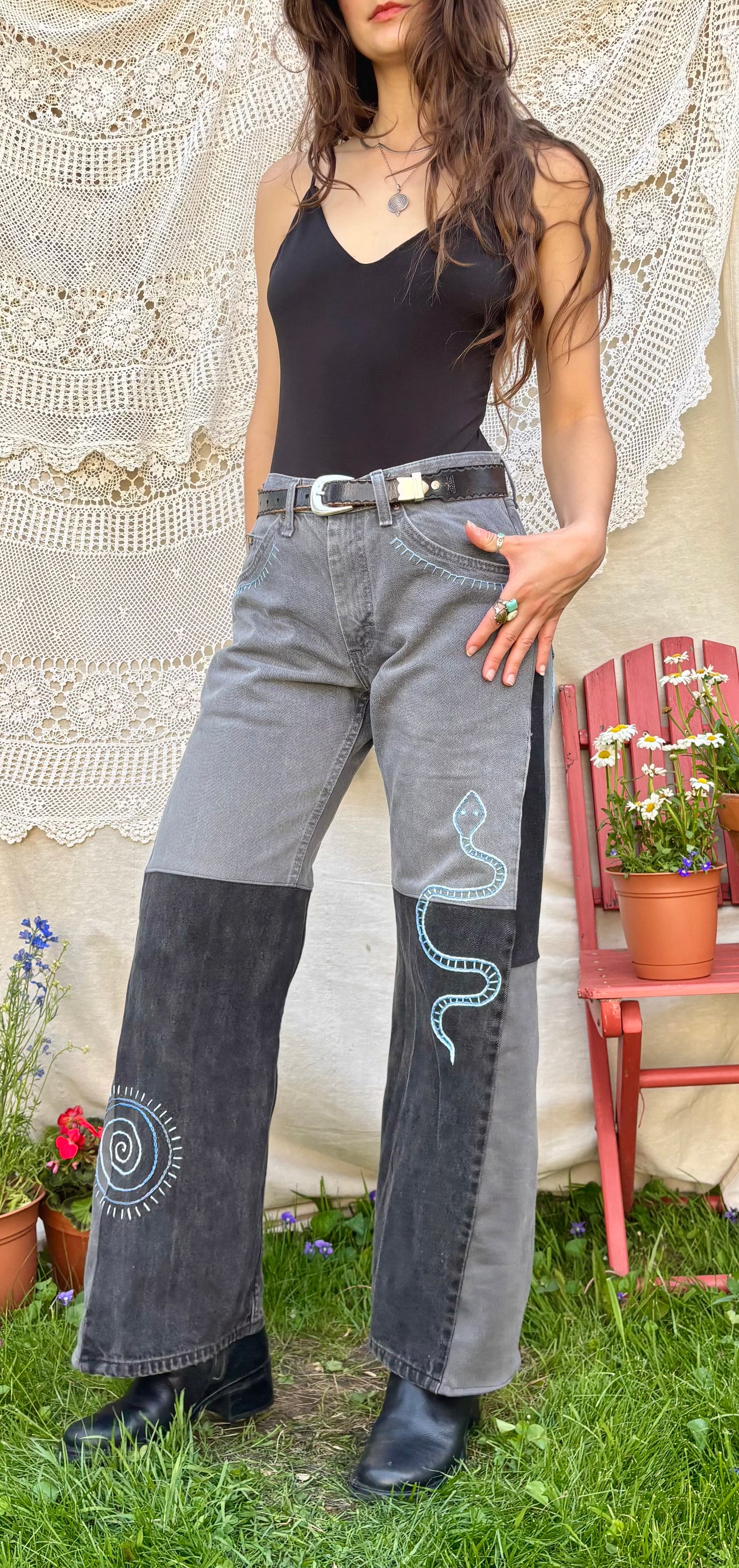 Embroidered Black/Grey Plain Jane Jeans