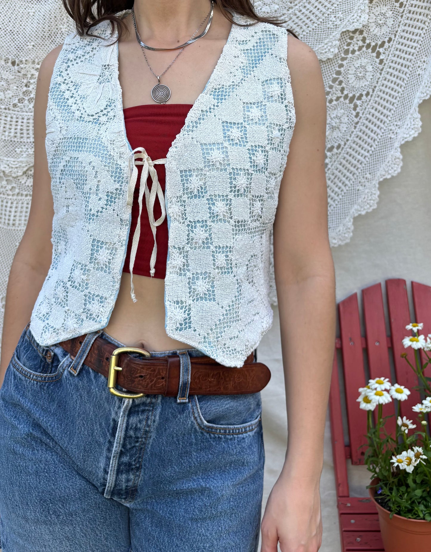 Crochet & Light Blue Plaid Vest