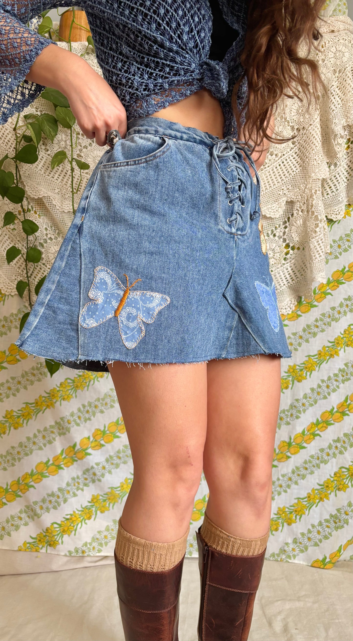 Lace-up Butterfly Appliqué Skirt