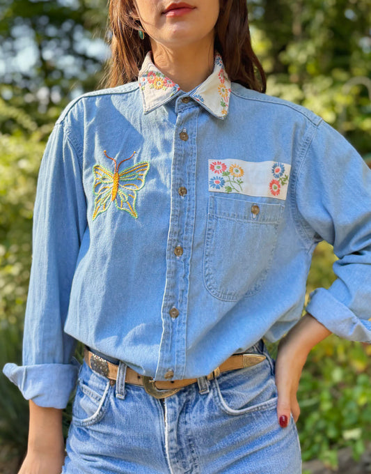 Hand Embroidered Butterfly Flower Denim Shirt