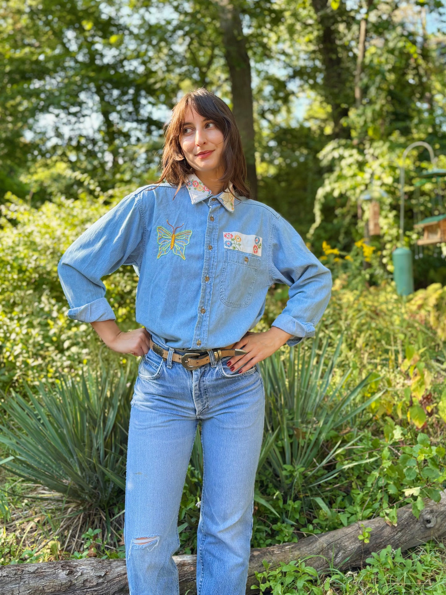 Hand Embroidered Butterfly Flower Denim Shirt