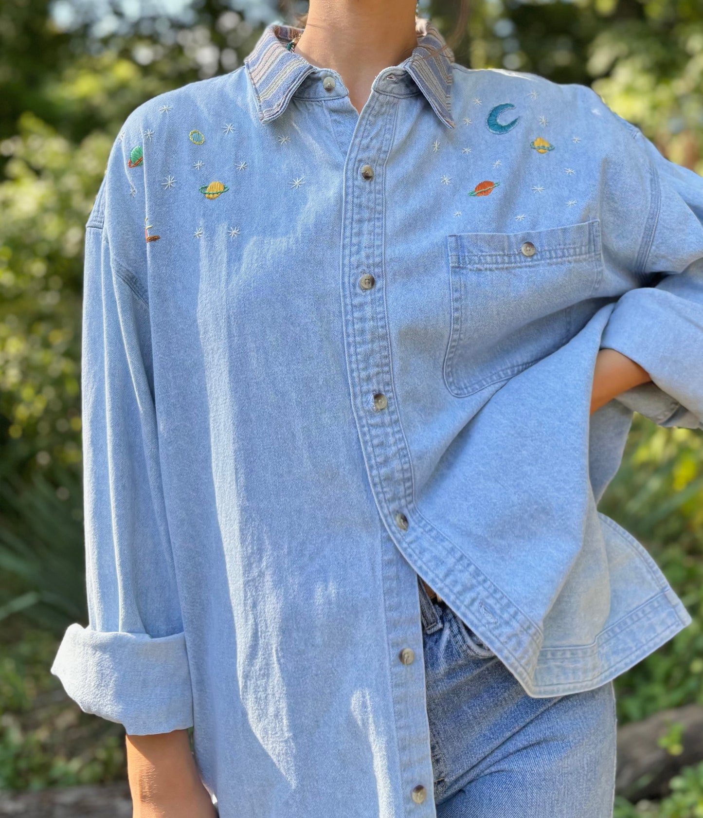 Hand Embroidered Celestial Denim Shirt 🪐