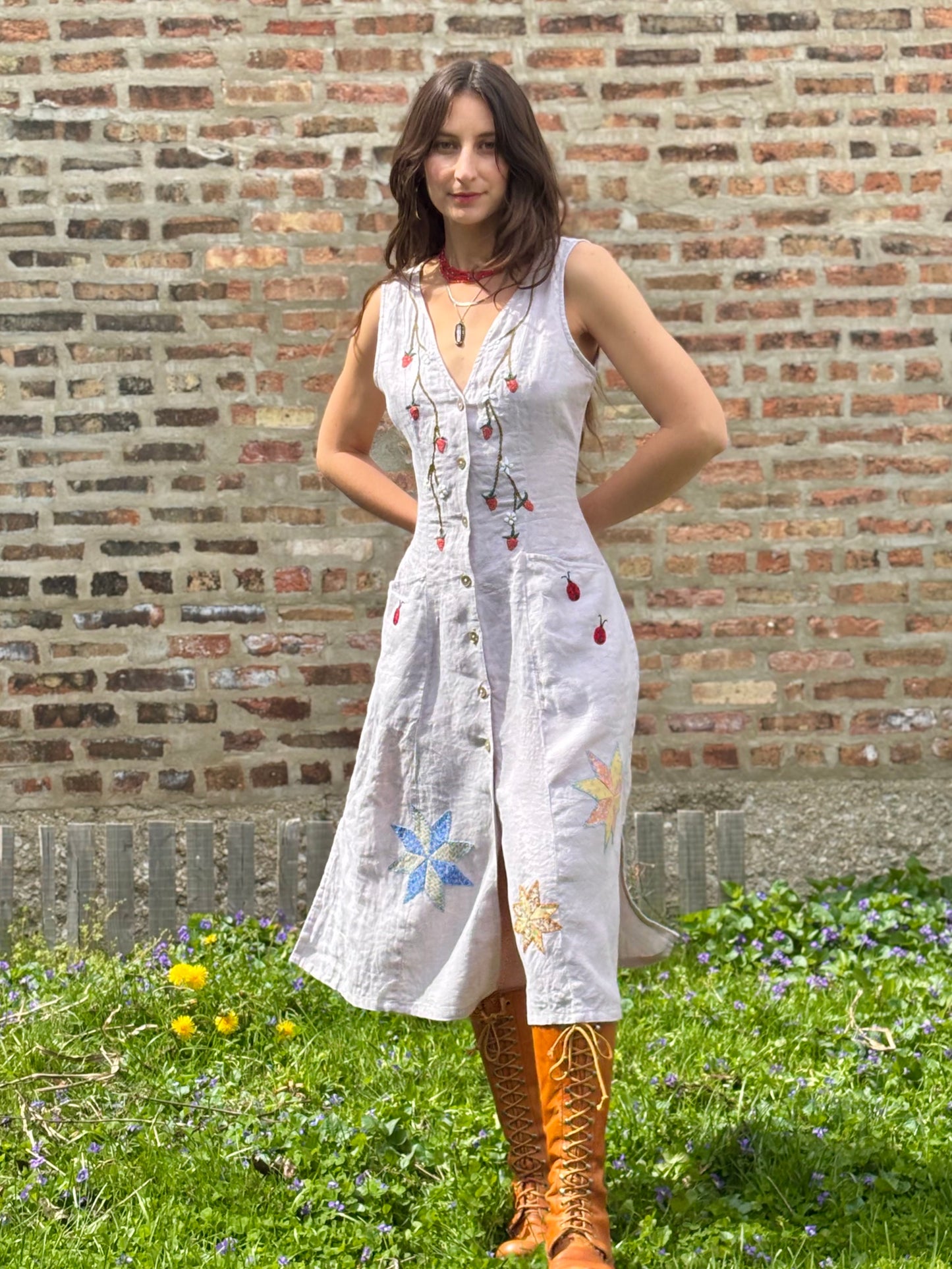 Strawberry Garden Embroidered Linen Dress