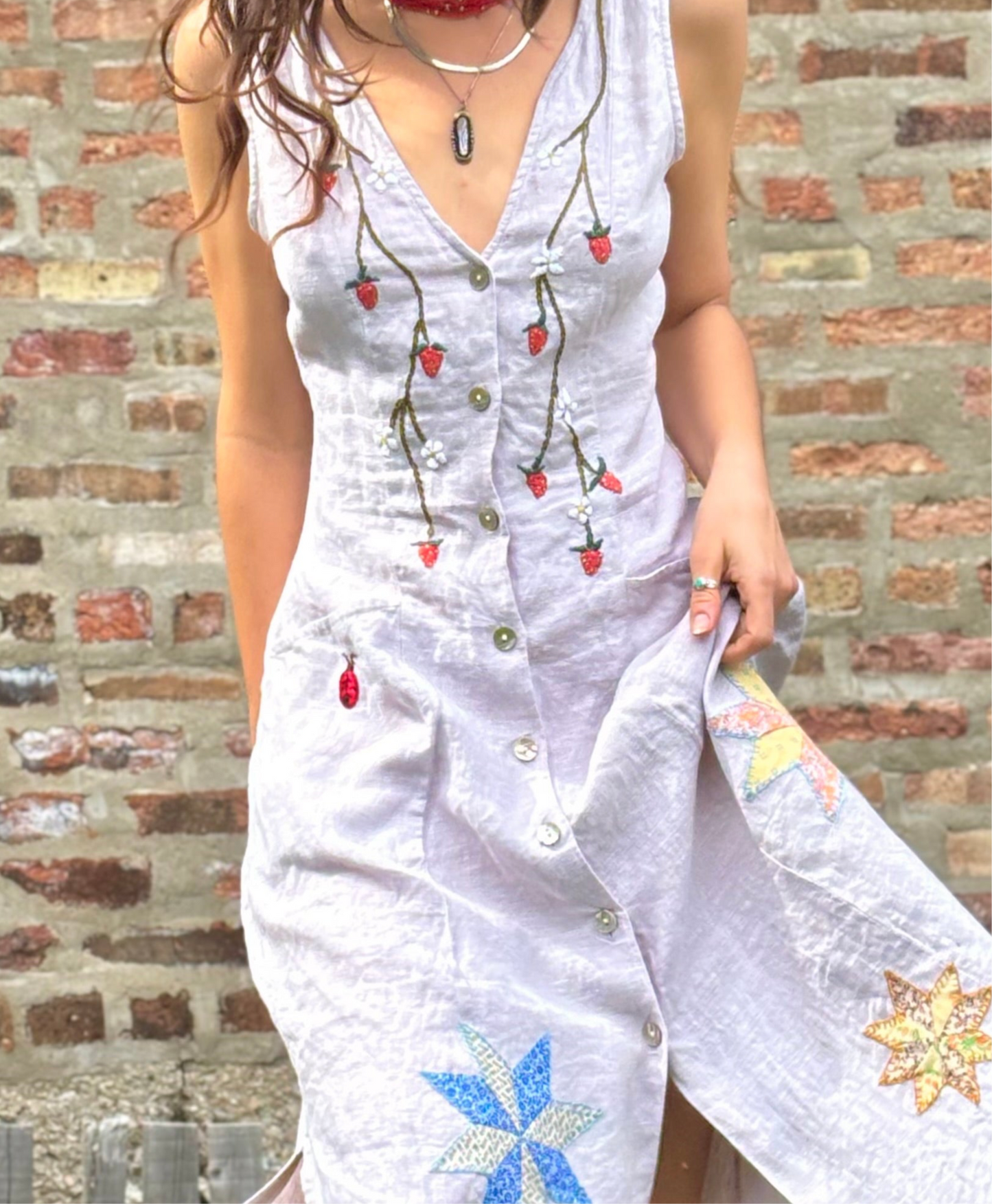 Strawberry Garden Embroidered Linen Dress