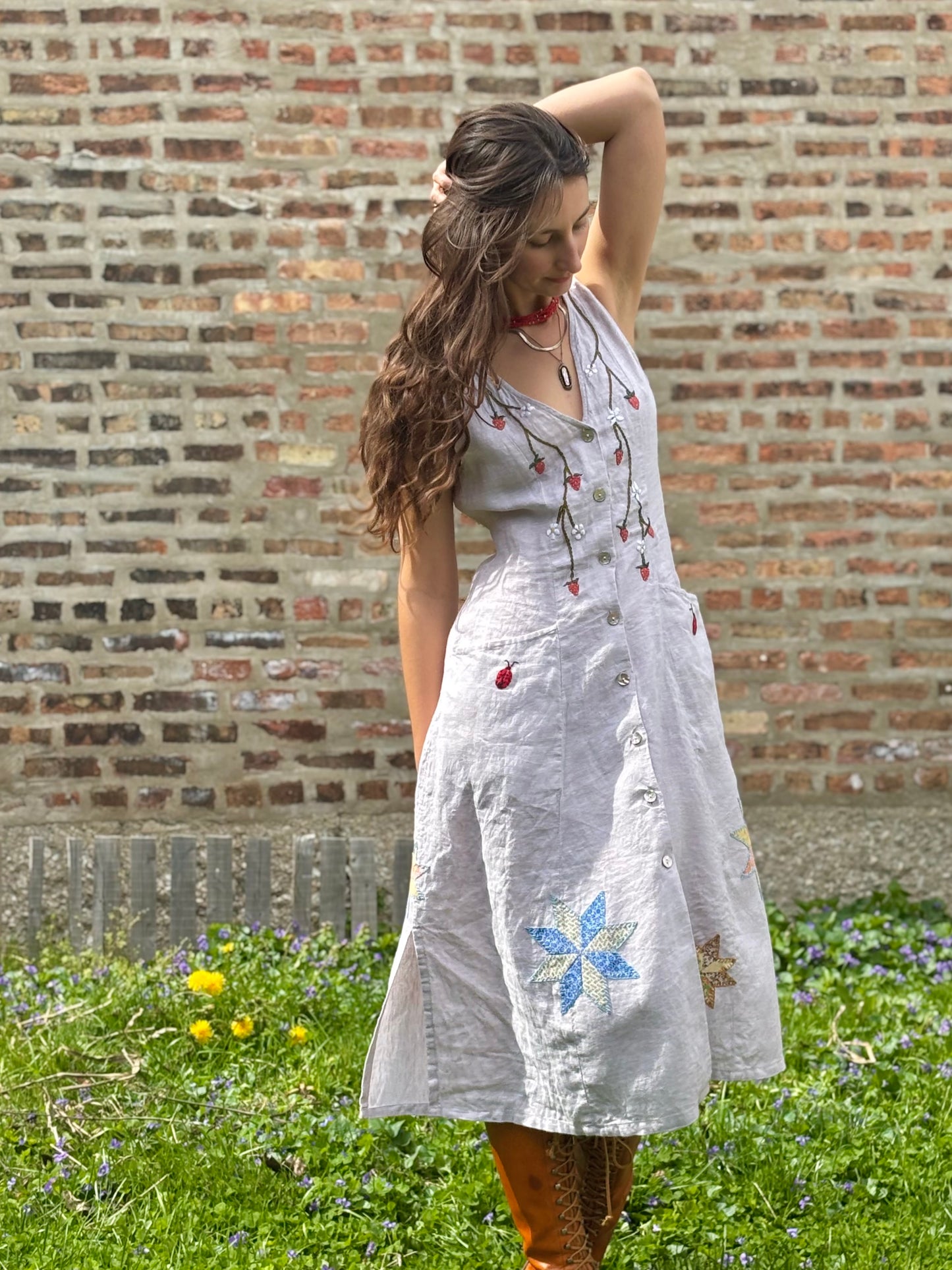 Strawberry Garden Embroidered Linen Dress