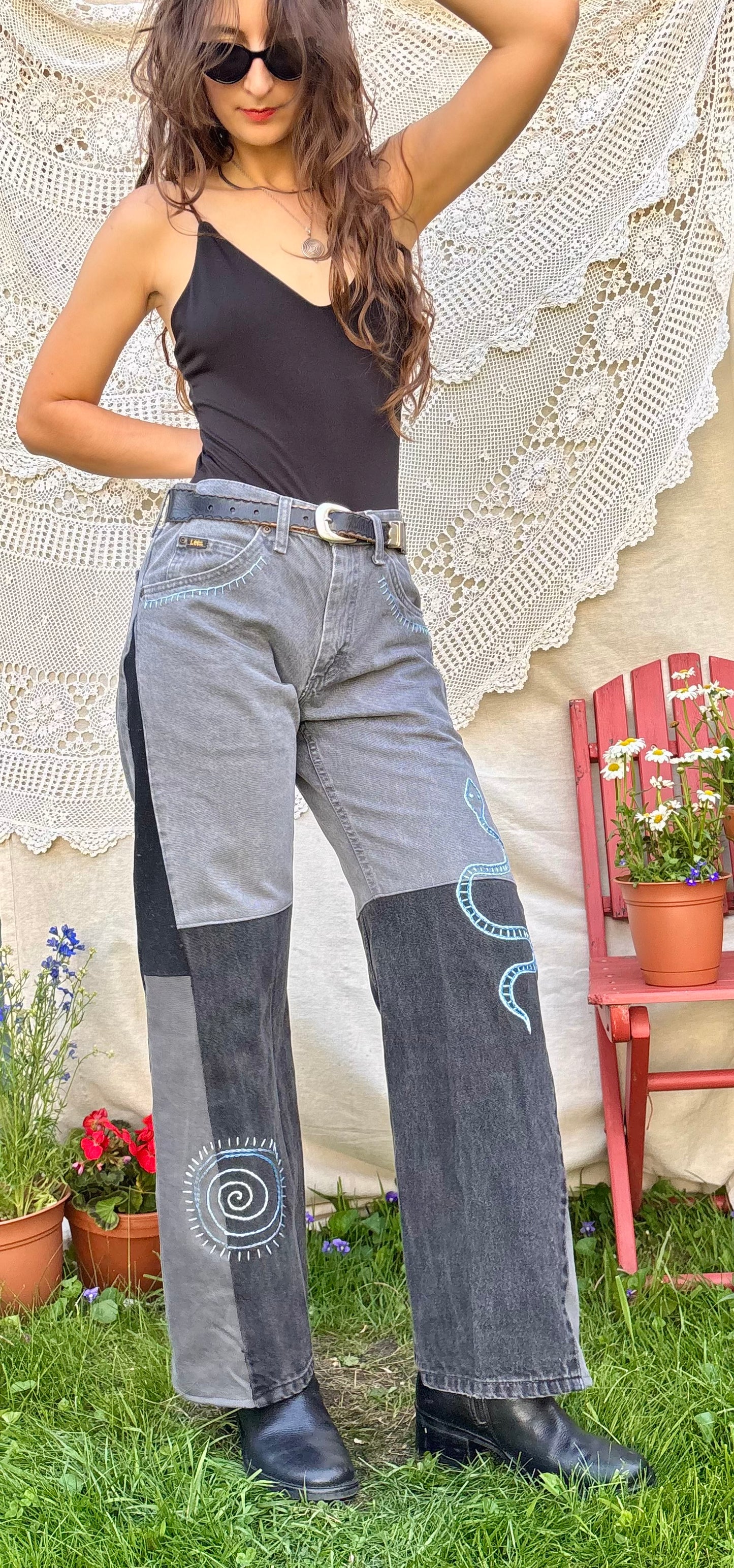 Embroidered Black/Grey Plain Jane Jeans