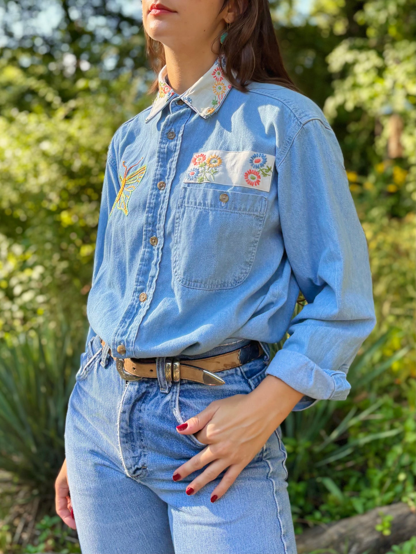 Hand Embroidered Butterfly Flower Denim Shirt