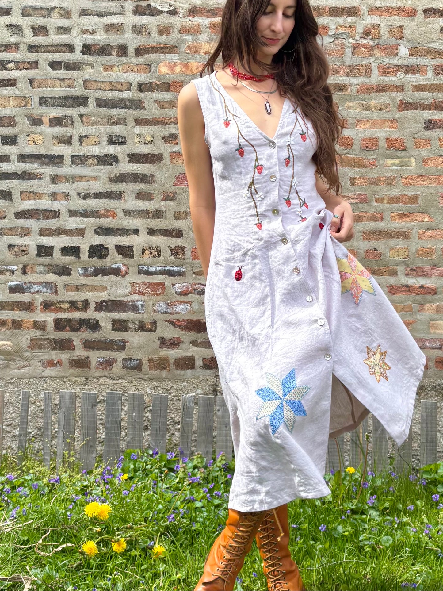 Strawberry Garden Embroidered Linen Dress