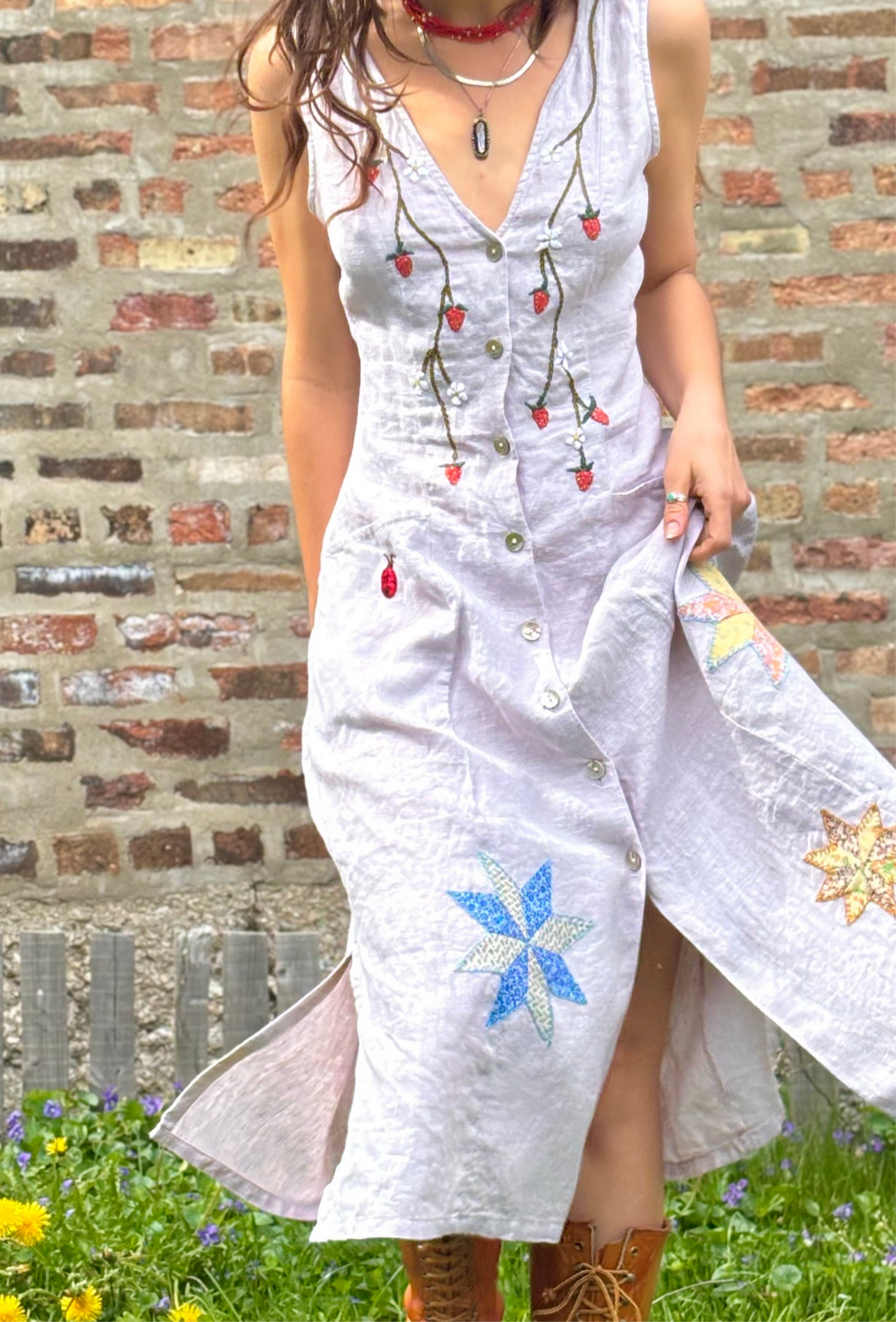 Strawberry Garden Embroidered Linen Dress