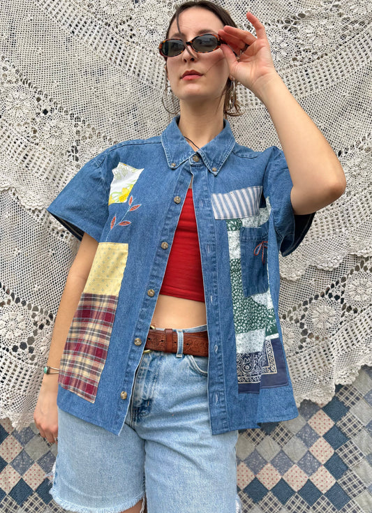 Patched & Embroidered Denim Button up
