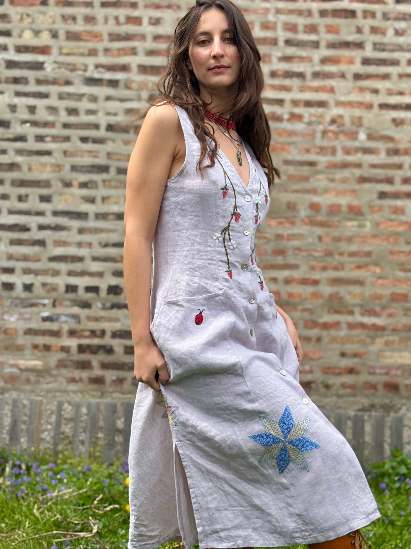 Strawberry Garden Embroidered Linen Dress