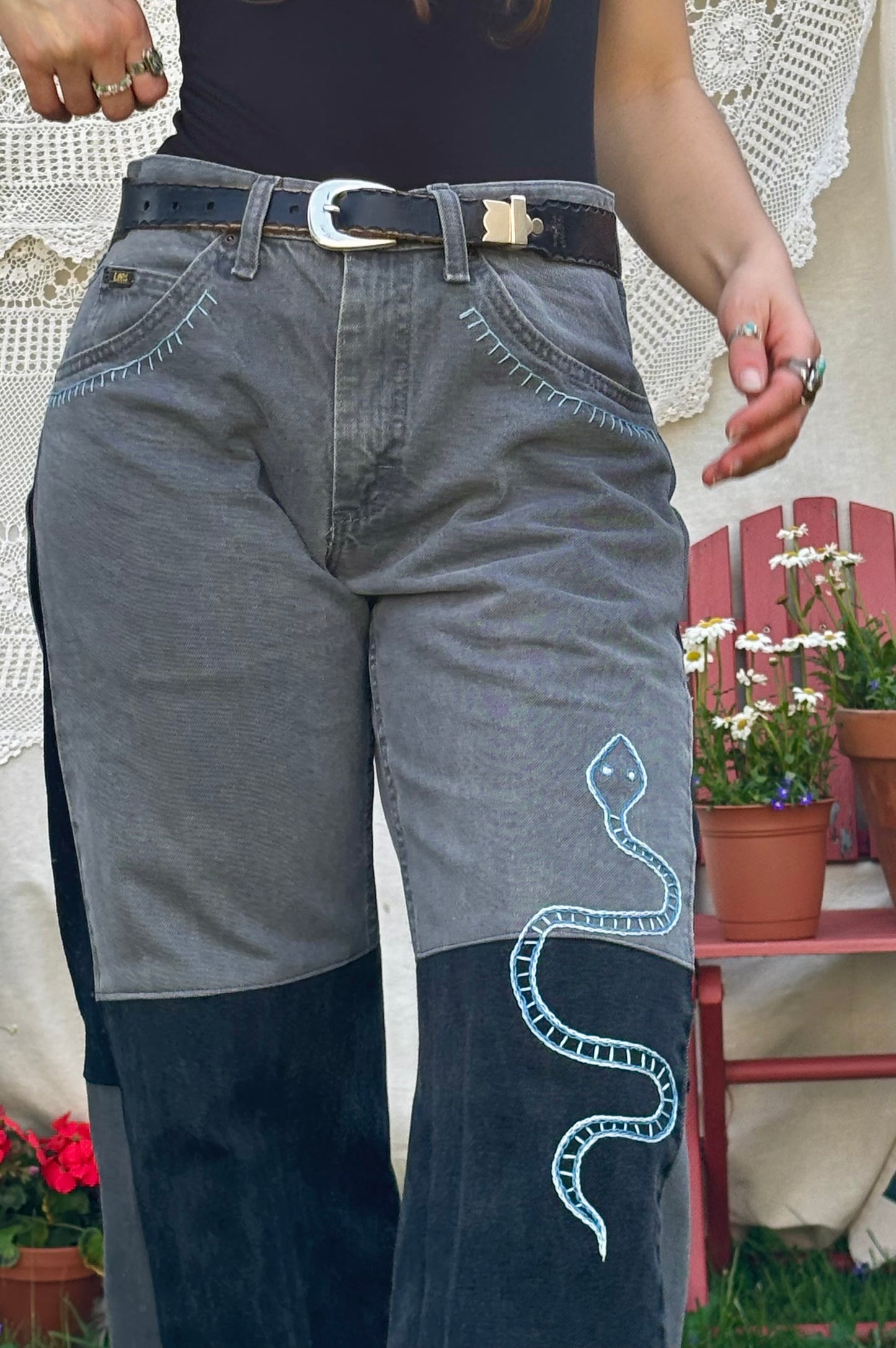 Embroidered Black/Grey Plain Jane Jeans