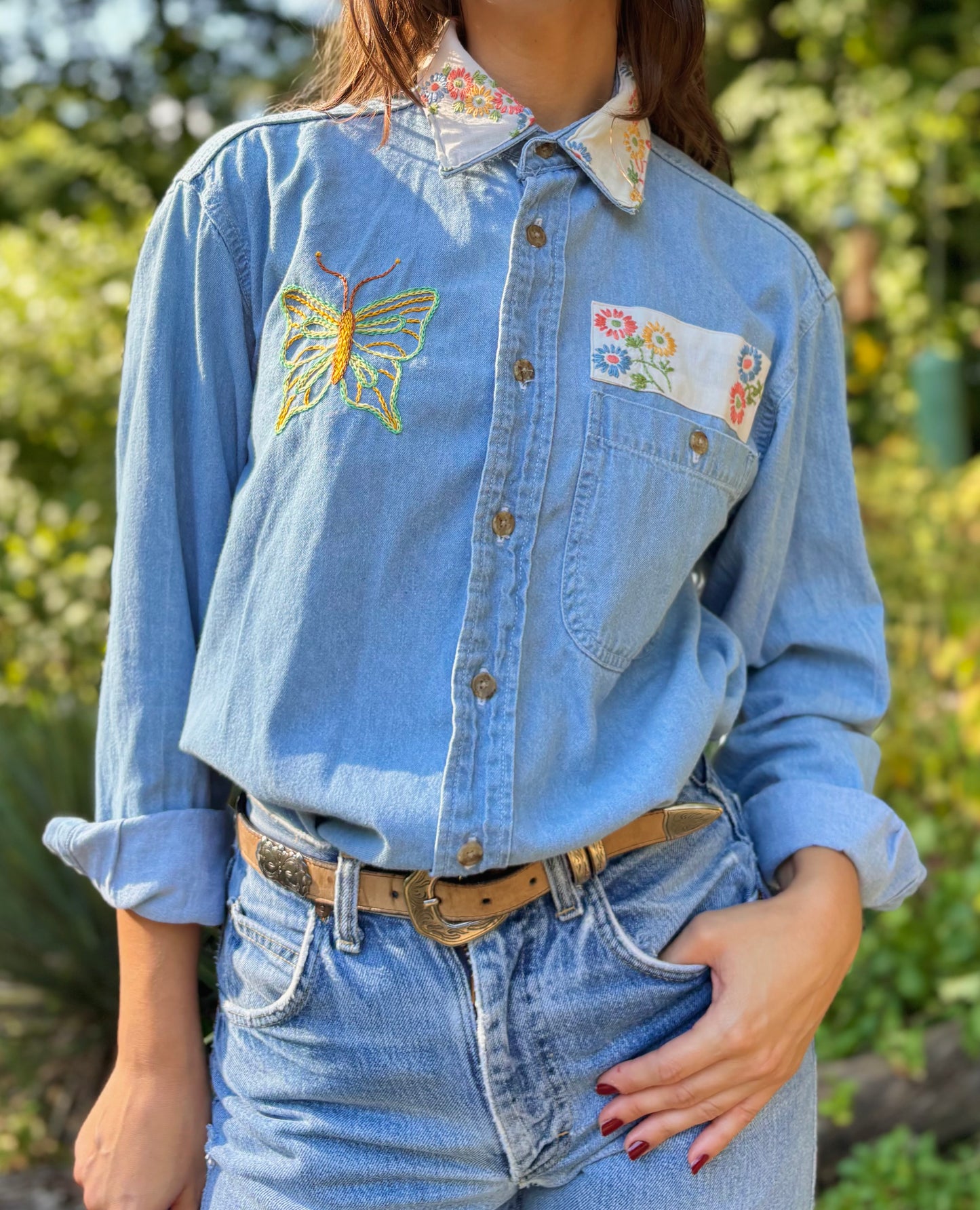 Hand Embroidered Butterfly Flower Denim Shirt