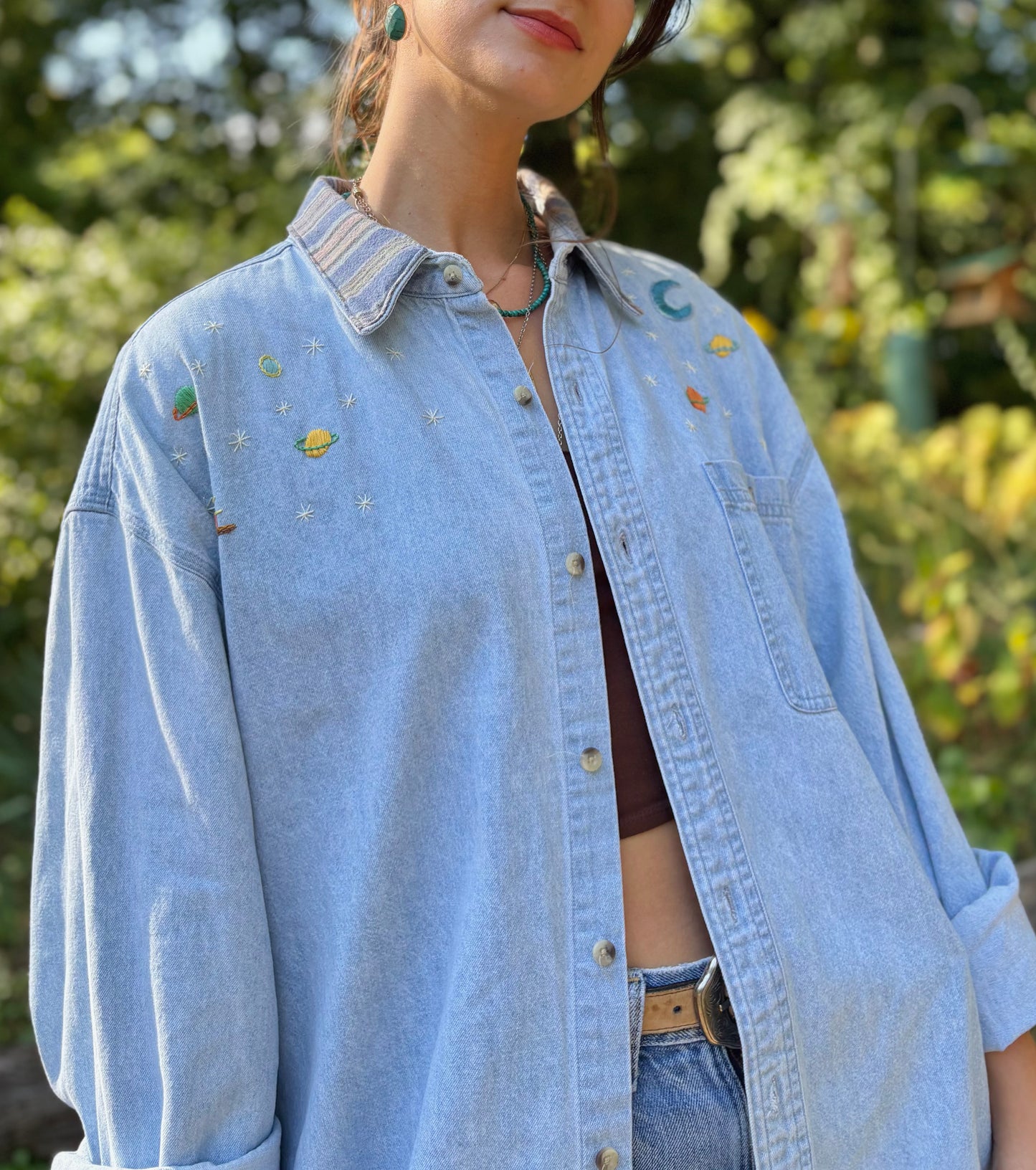 Hand Embroidered Celestial Denim Shirt 🪐