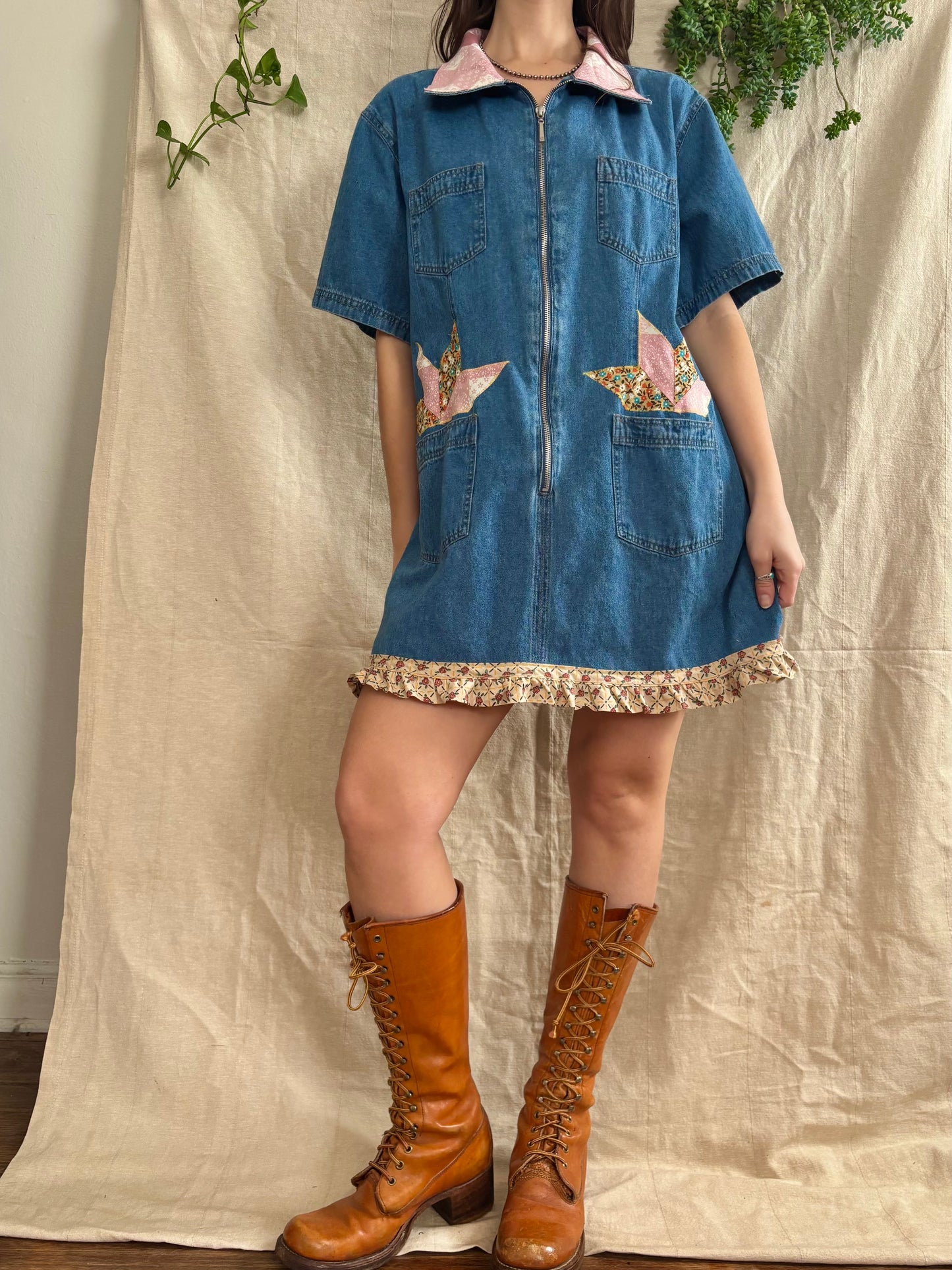 Patched & Embroidered Denim Shirt Dress