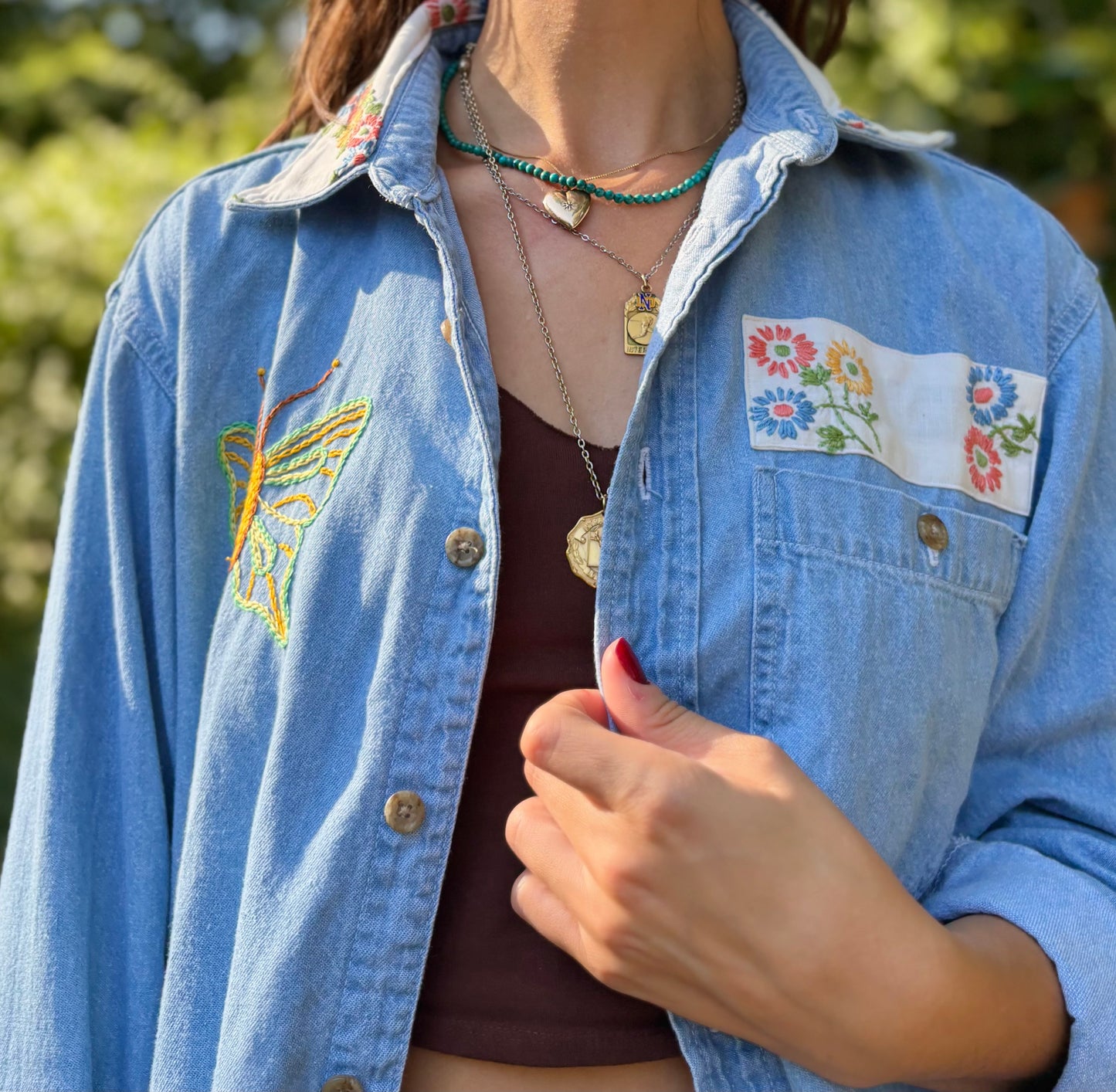 Hand Embroidered Butterfly Flower Denim Shirt