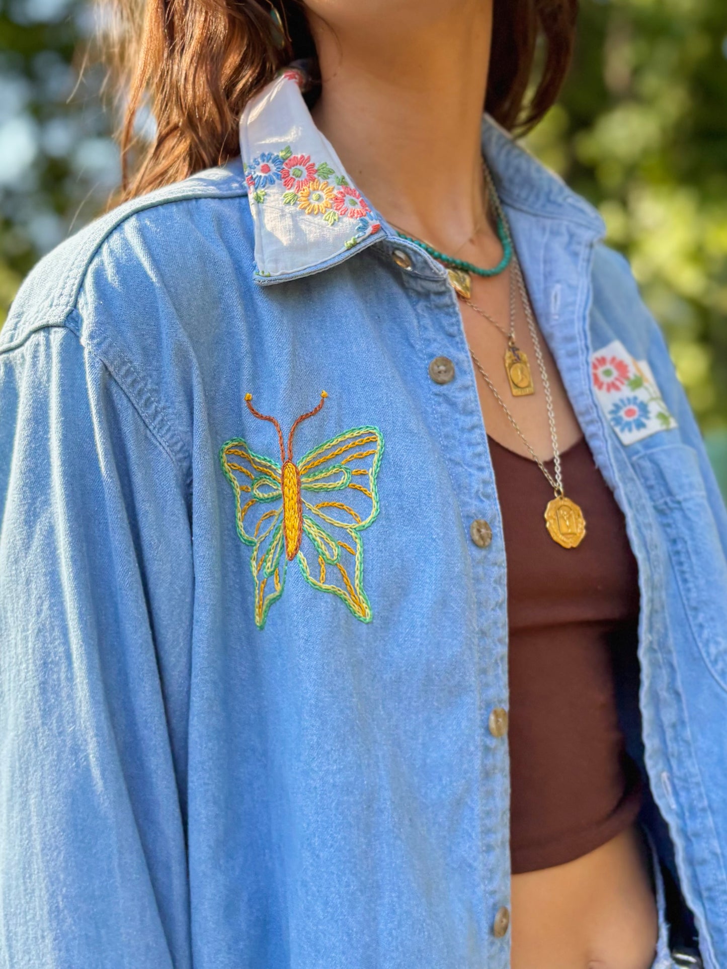 Hand Embroidered Butterfly Flower Denim Shirt