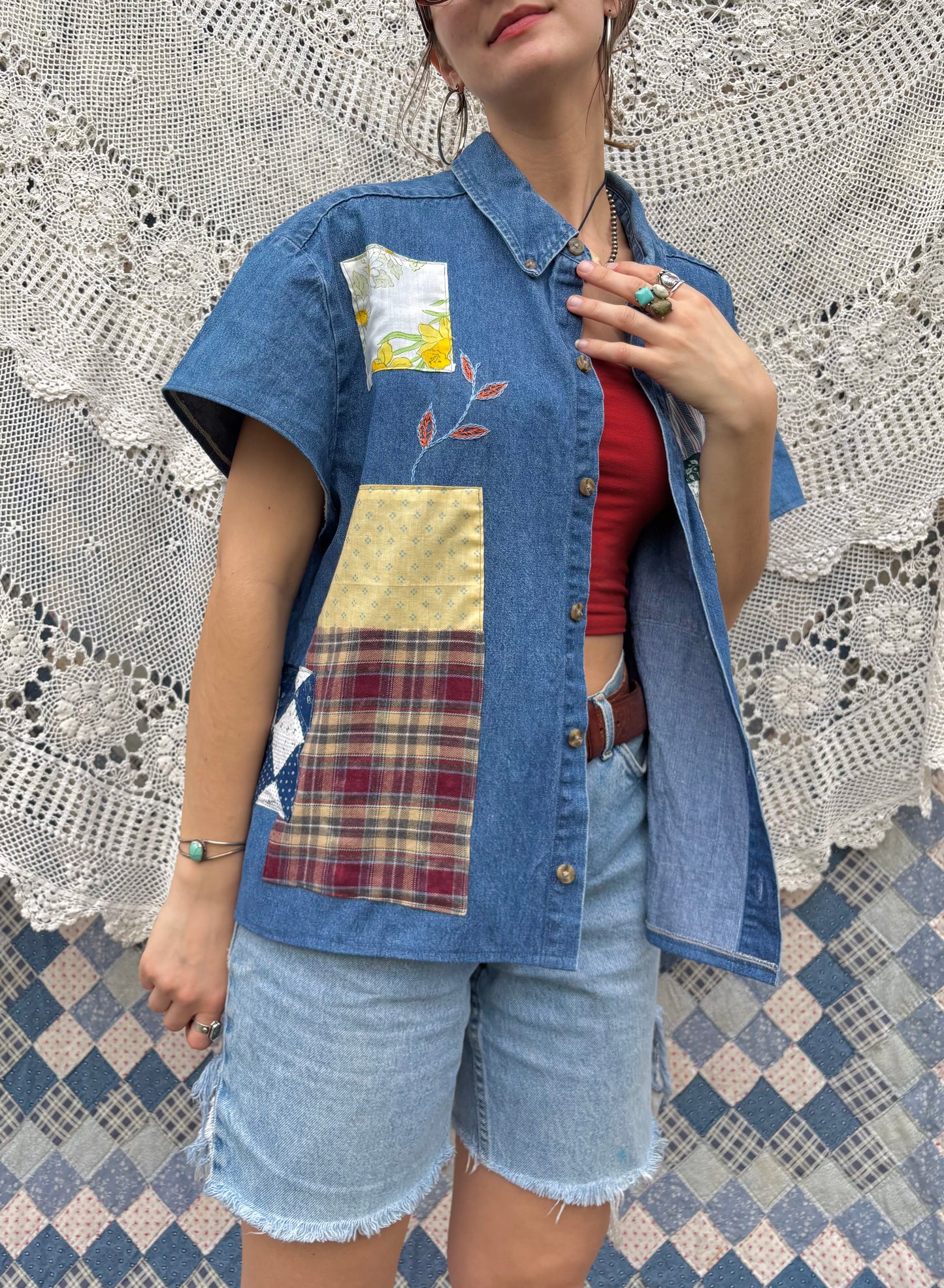 Patched & Embroidered Denim Button up
