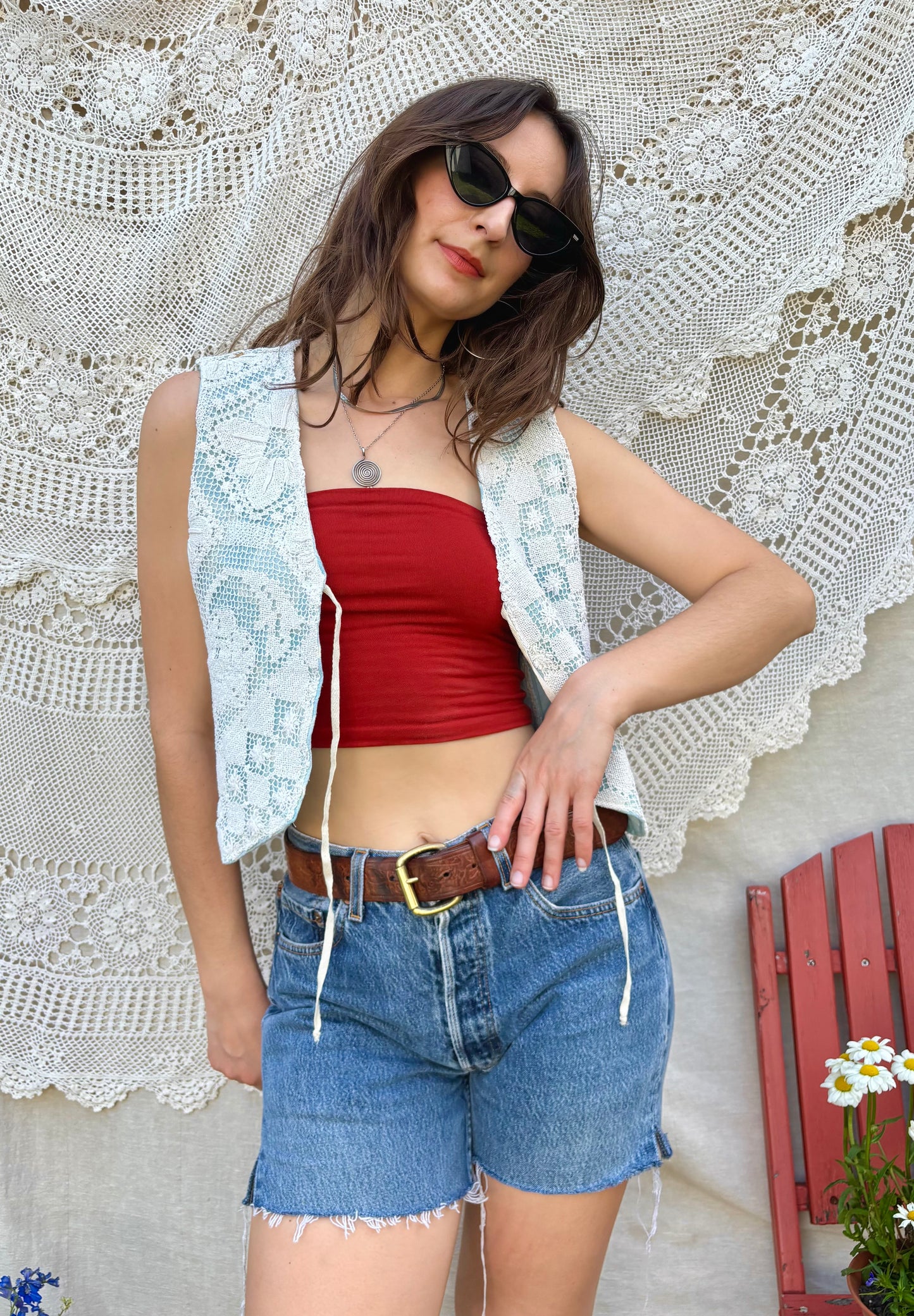 Crochet & Light Blue Plaid Vest