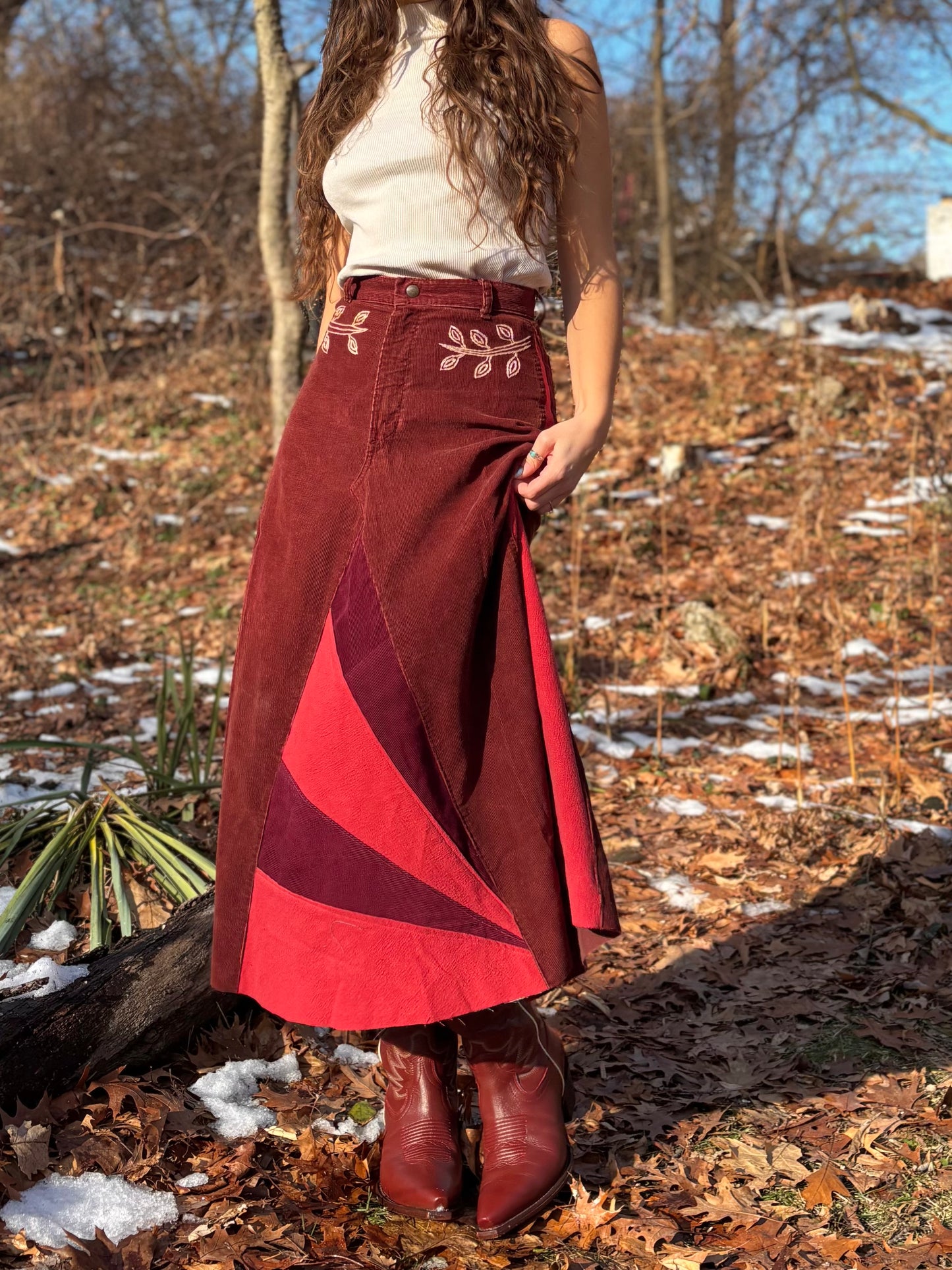 Sunbeam Embroidered Rust Corduroy Skirt