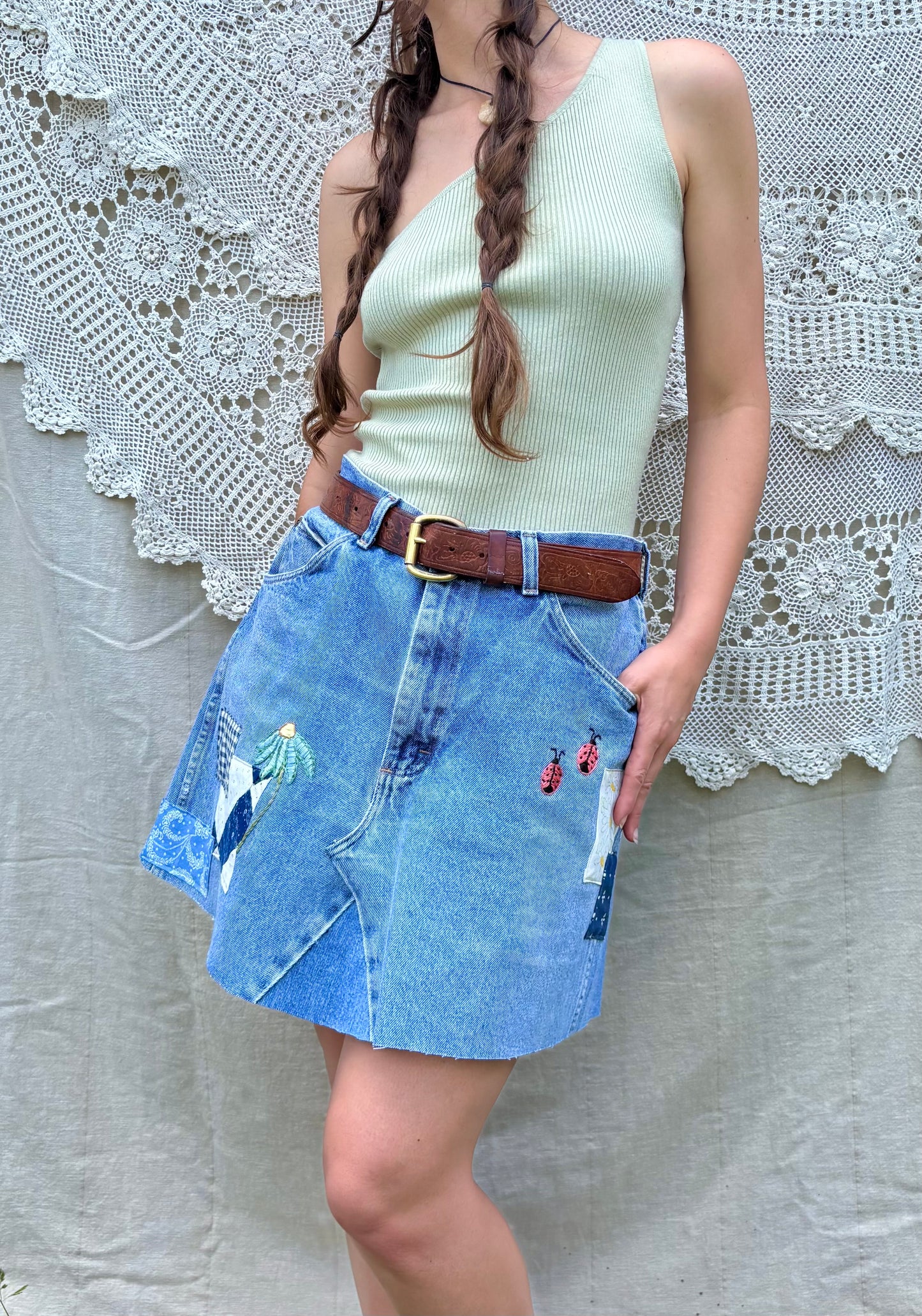 Ladybug Embroidered & Patched Wrangler Mini Skirt
