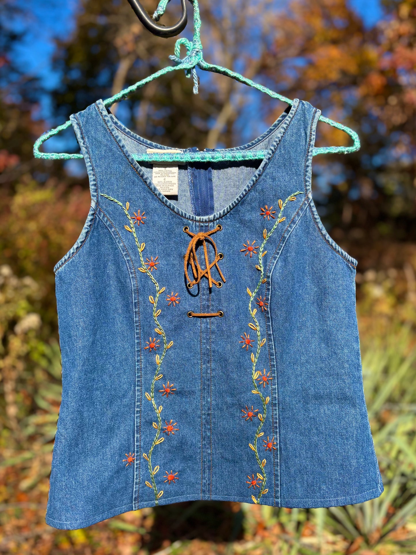 Y2K Embroidered Lace-up Denim Tank