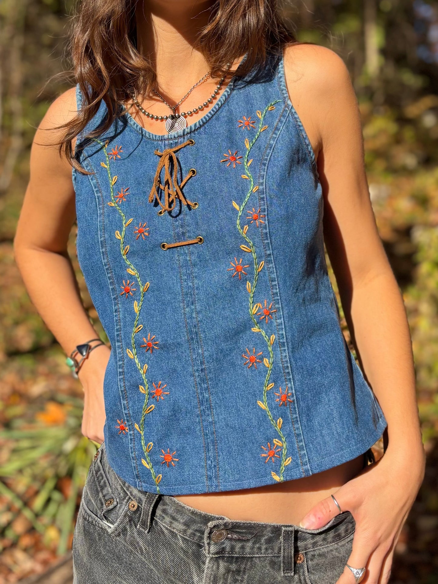 Y2K Embroidered Lace-up Denim Tank