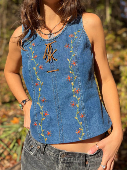 Y2K Embroidered Lace-up Denim Tank