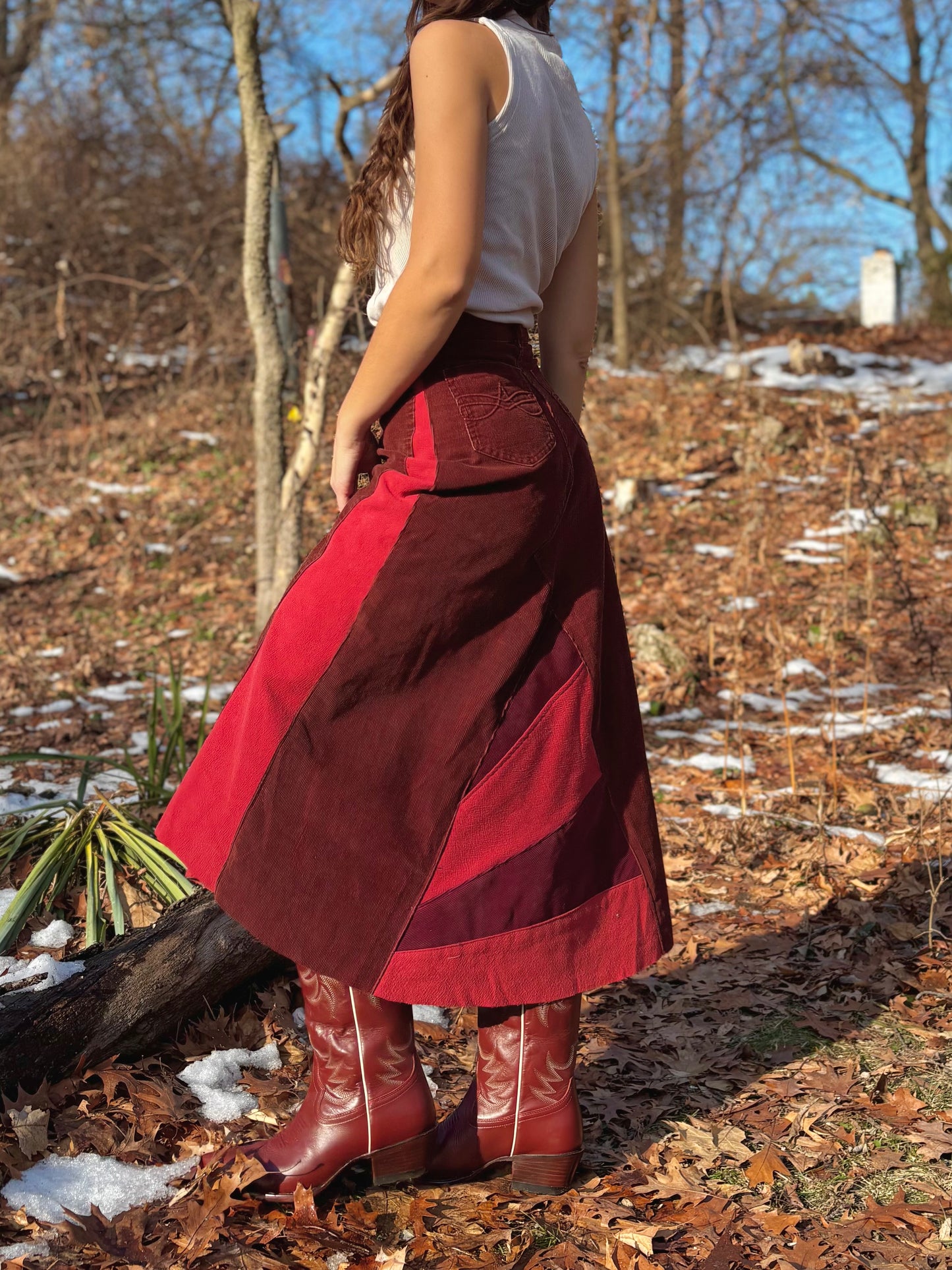 Sunbeam Embroidered Rust Corduroy Skirt