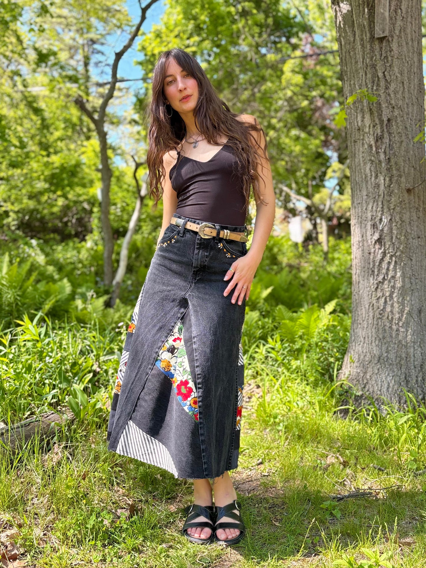 Black Embroidered Quilt Skirt