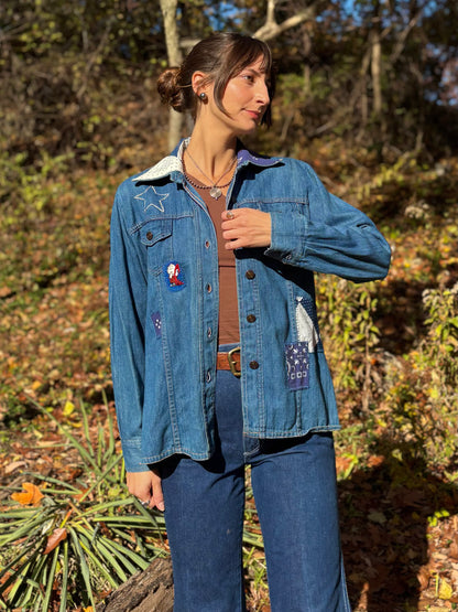 1970s Calico Star Embroidered Denim Top