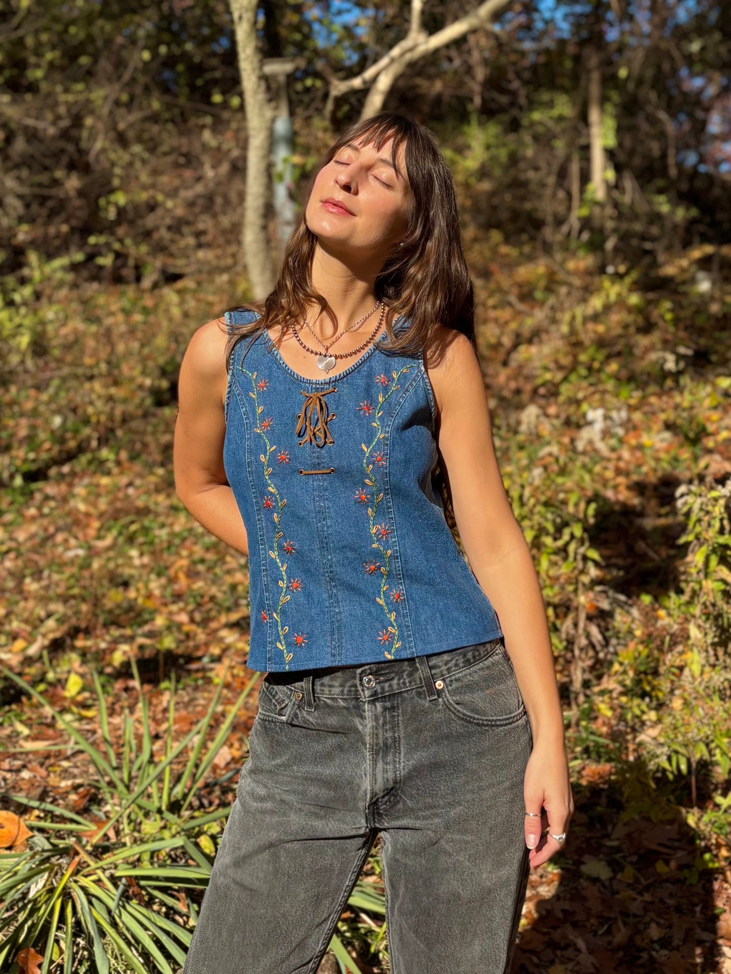 Y2K Embroidered Lace-up Denim Tank