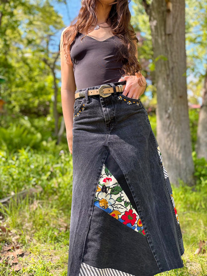 Black Embroidered Quilt Skirt
