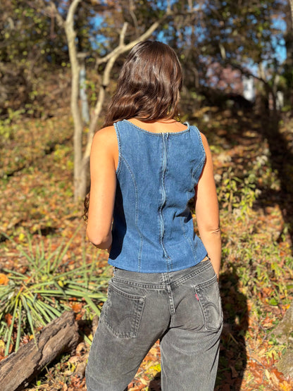 Y2K Embroidered Lace-up Denim Tank