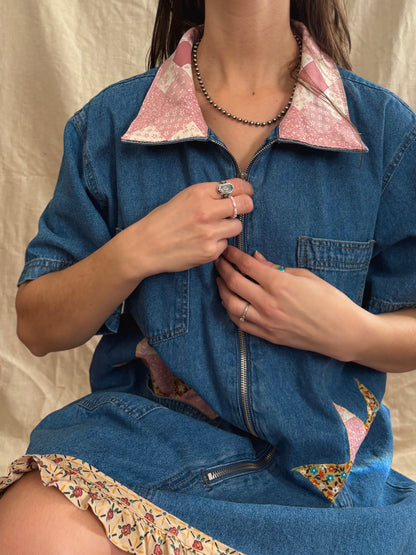 Patched & Embroidered Denim Shirt Dress