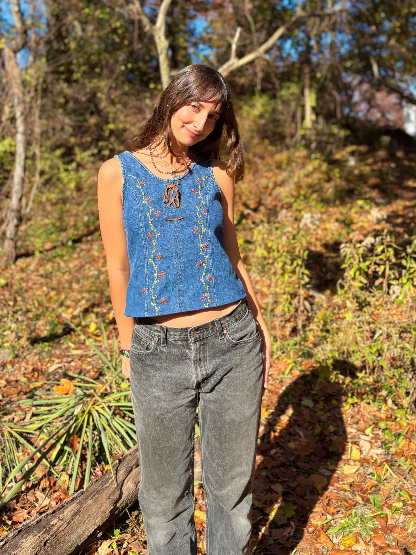 Y2K Embroidered Lace-up Denim Tank